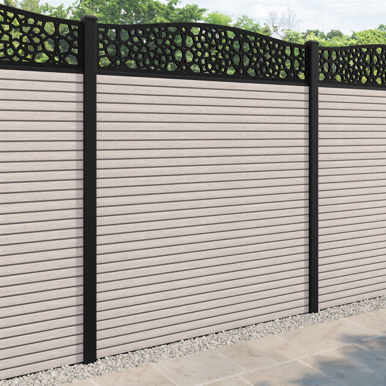 Hudson Nazira Curved Top Fence Panel - Mid Stone - with our aluminium posts