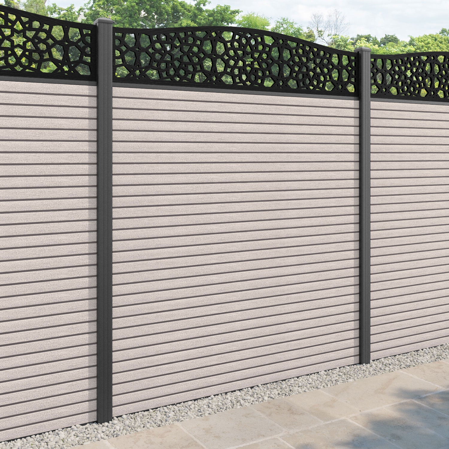 Hudson Nazira Curved Top Fence Panel - Mid Stone - with our aluminium posts