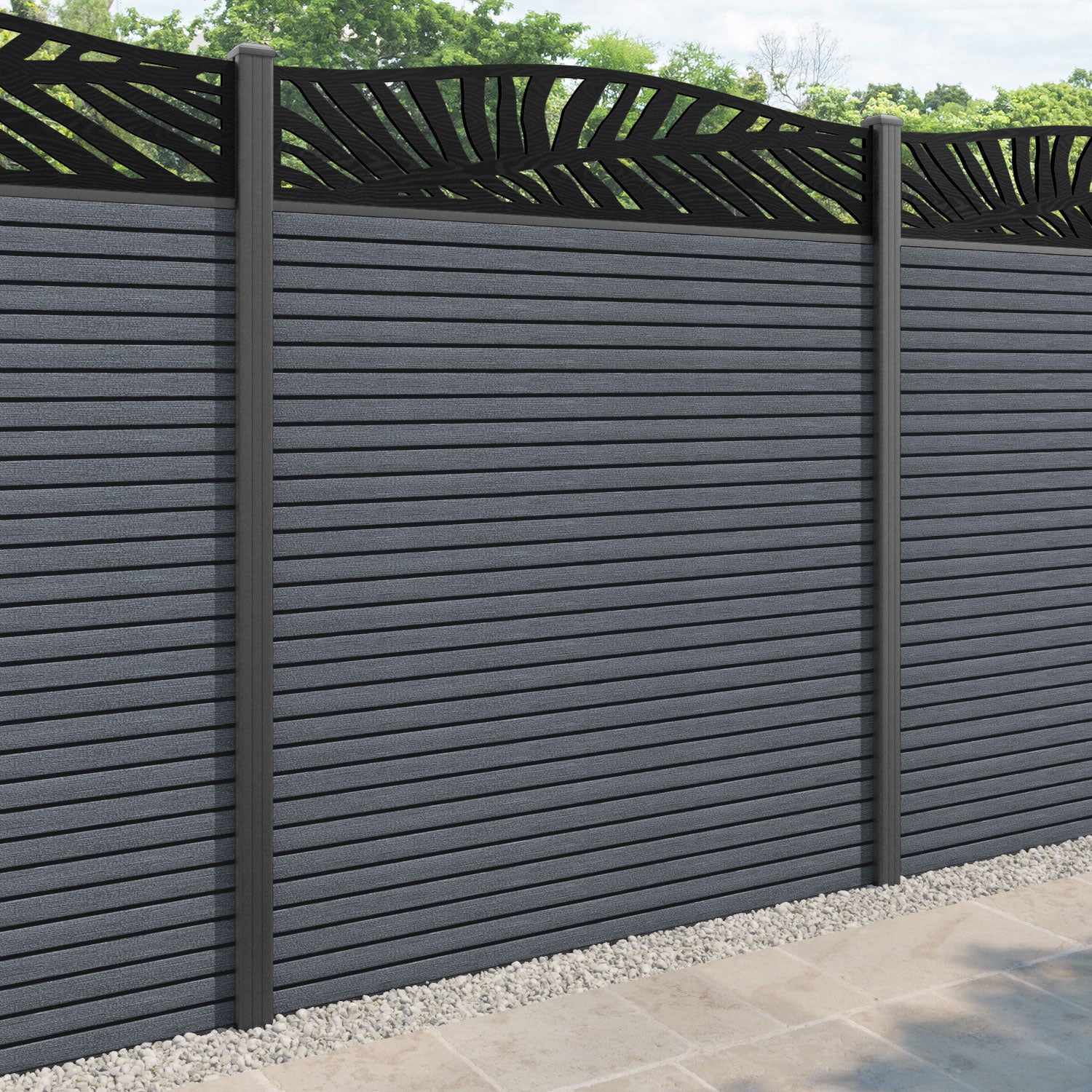 Hudson Palm Curved Top Fence Panel - Anthracite - with our aluminium posts