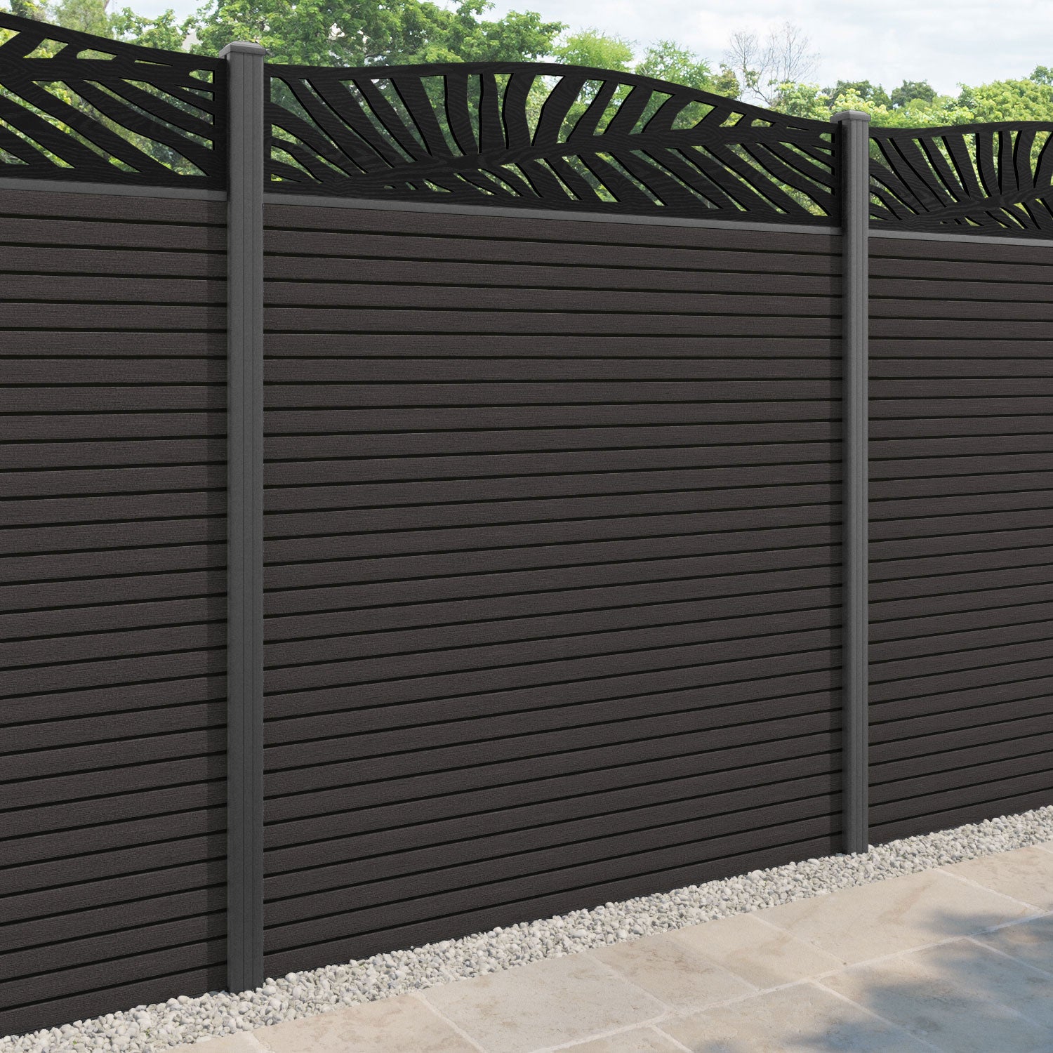 Hudson Palm Curved Top Fence Panel - Dark Oak - with our aluminium posts
