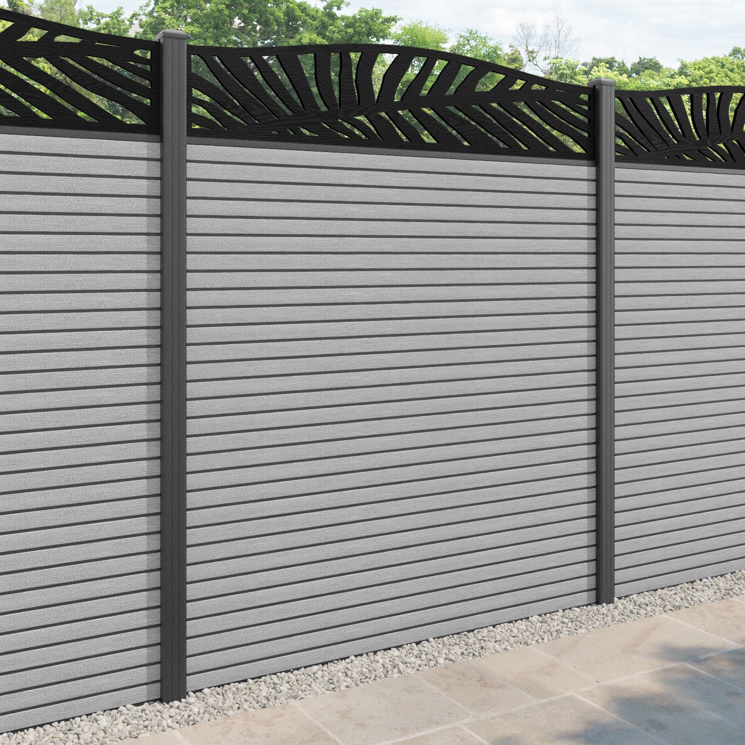 Hudson Palm Curved Top Fence Panel - Light Grey - with our aluminium posts
