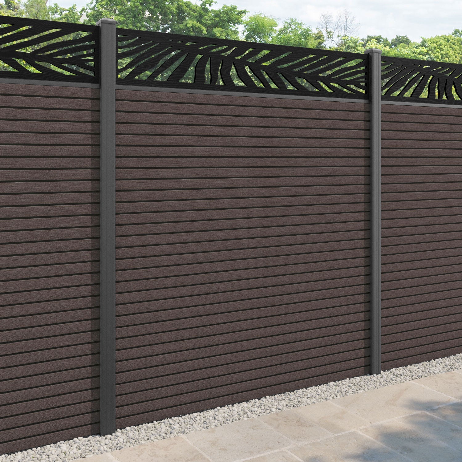 Hudson Palm Fence Panel - Mid Brown - with our aluminium posts