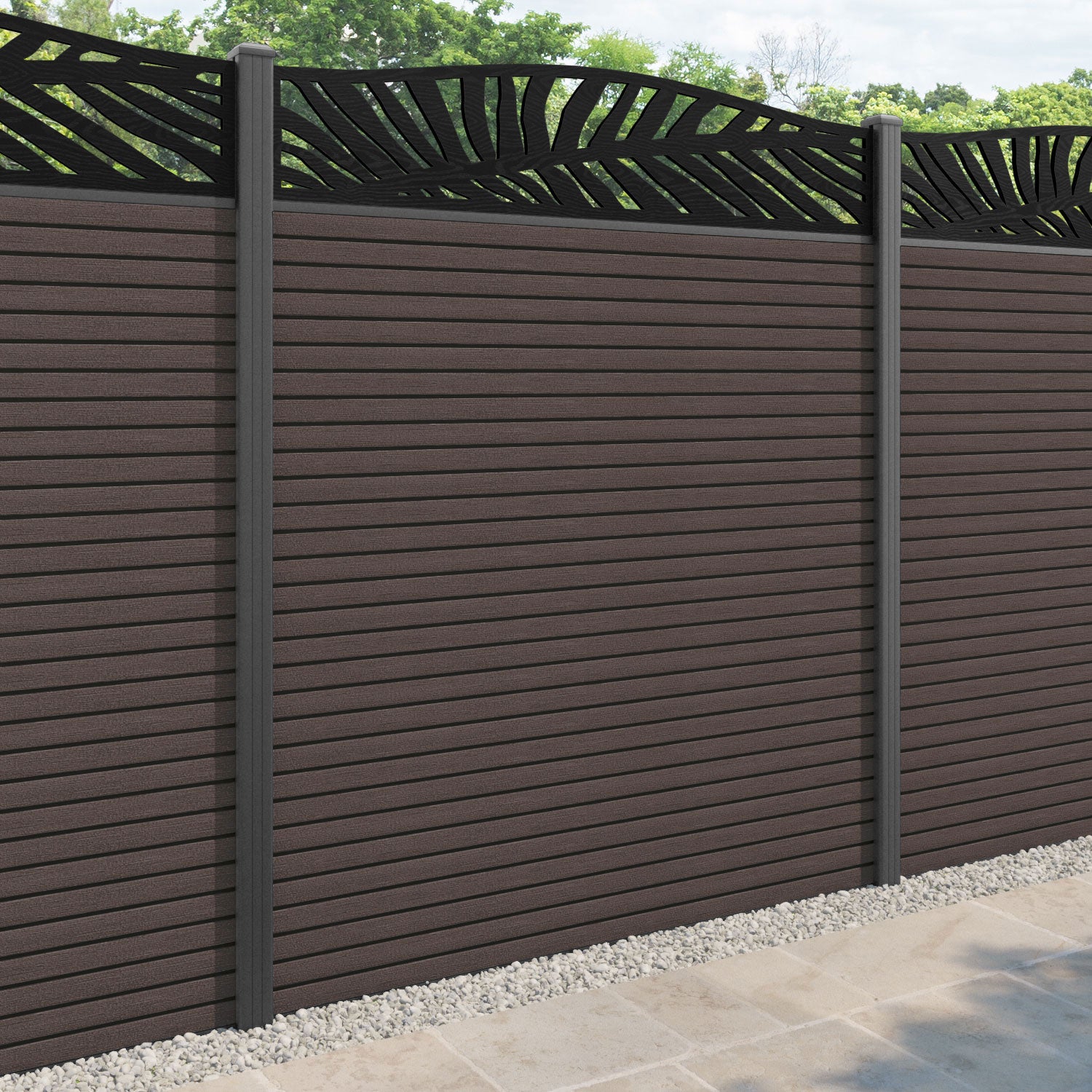 Hudson Palm Curved Top Fence Panel - Mid Brown - with our aluminium posts