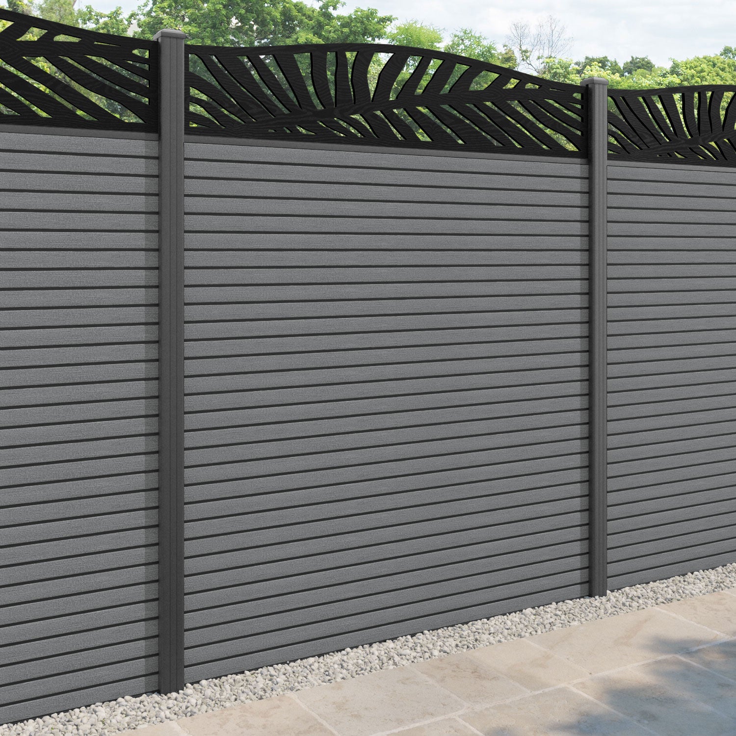 Hudson Palm Curved Top Fence Panel - Mid Grey - with our aluminium posts