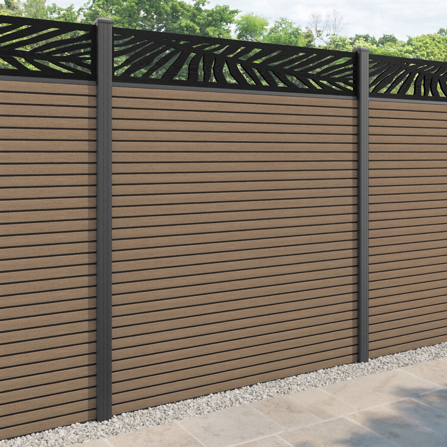 Hudson Palm Fence Panel - Teak - with our aluminium posts