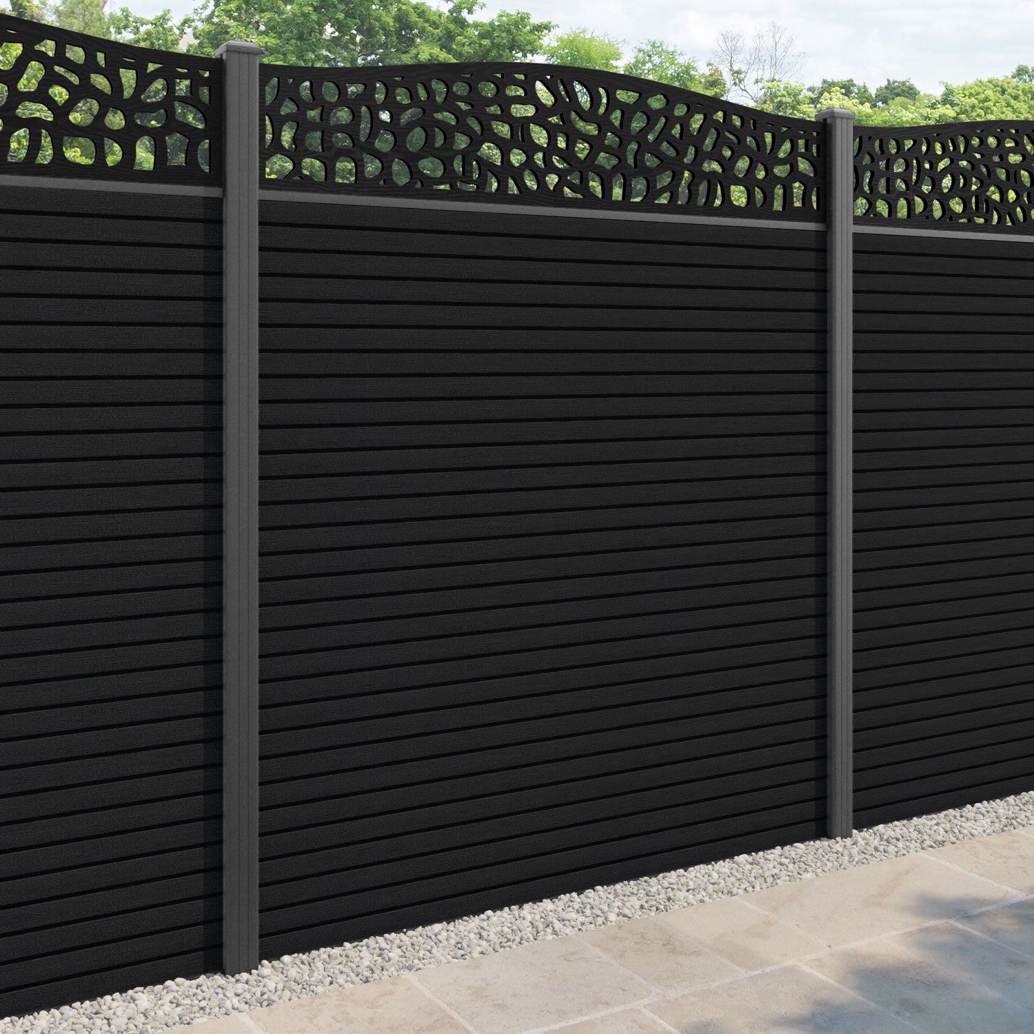 Hudson Pebble Curved Top Fence Panel - Black - with our aluminium posts