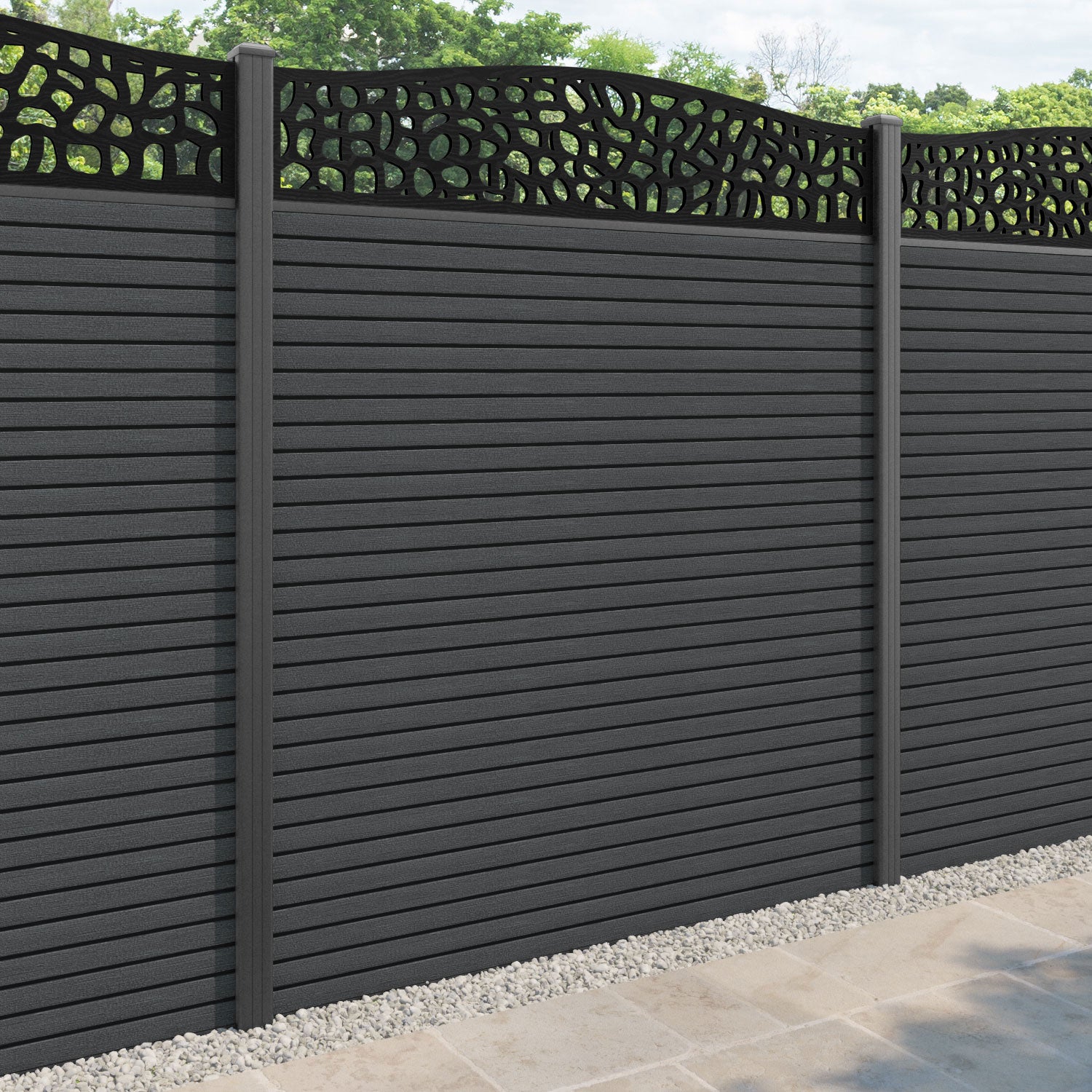 Hudson Pebble Curved Top Fence Panel - Dark Grey - with our aluminium posts