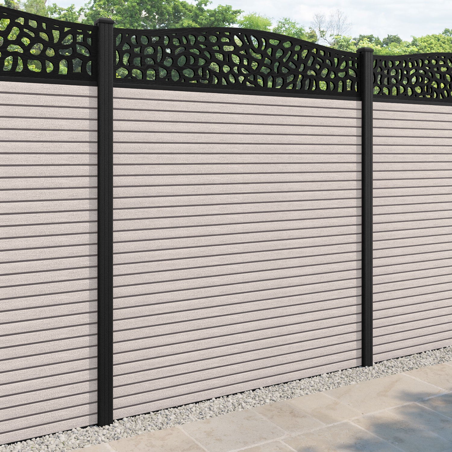 Hudson Pebble Curved Top Fence Panel - Mid Stone - with our composite posts
