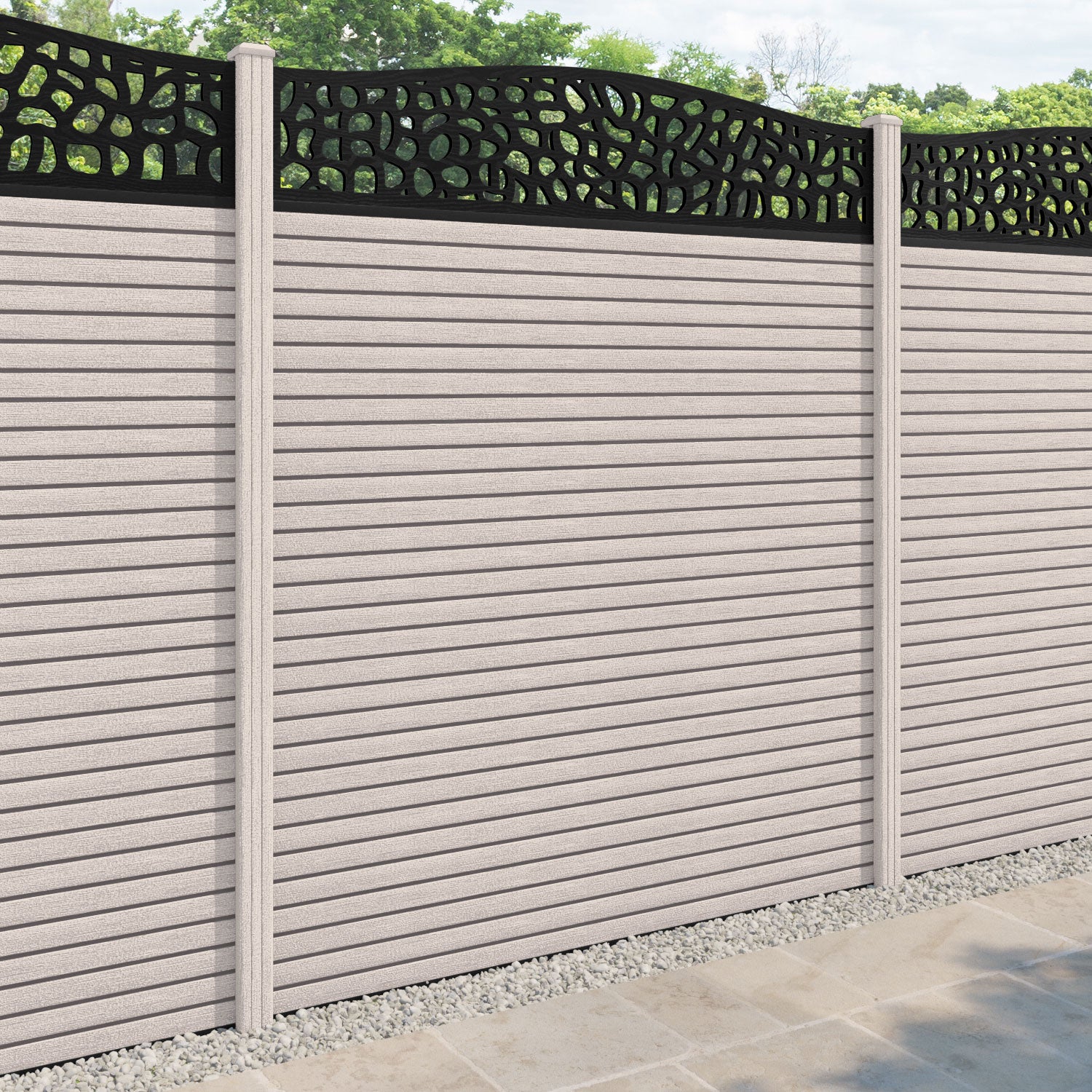 Hudson Pebble Curved Top Fence Panel - Mid Stone - with our composite posts