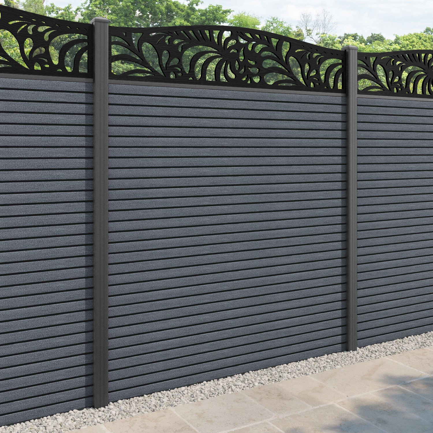 Hudson Petal Curved Top Fence Panel - Anthracite - with our aluminium posts