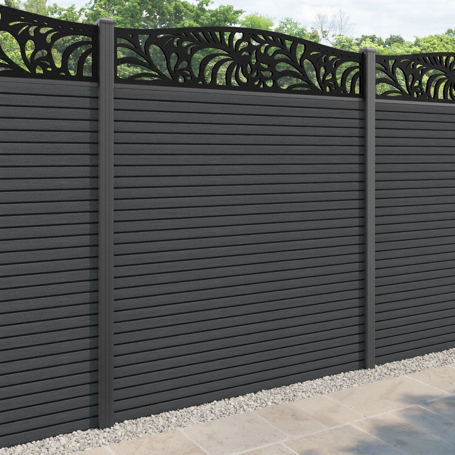 Hudson Petal Curved Top Fence Panel - Dark Grey - with our aluminium posts