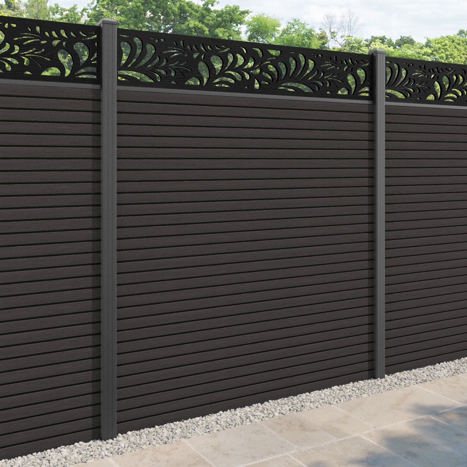 Hudson Petal Fence Panel - Dark Oak - with our aluminium posts
