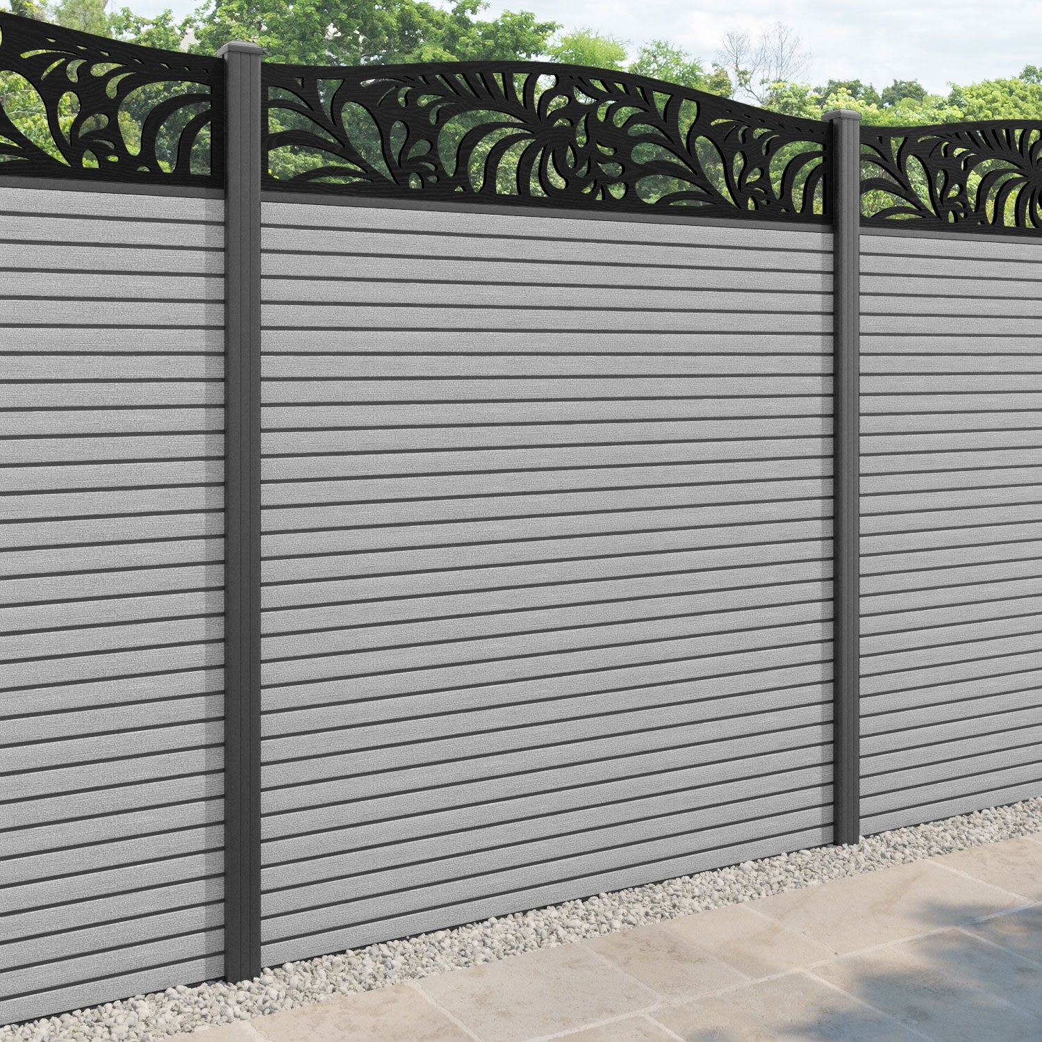 Hudson Petal Curved Top Fence Panel - Light Grey - with our aluminium posts