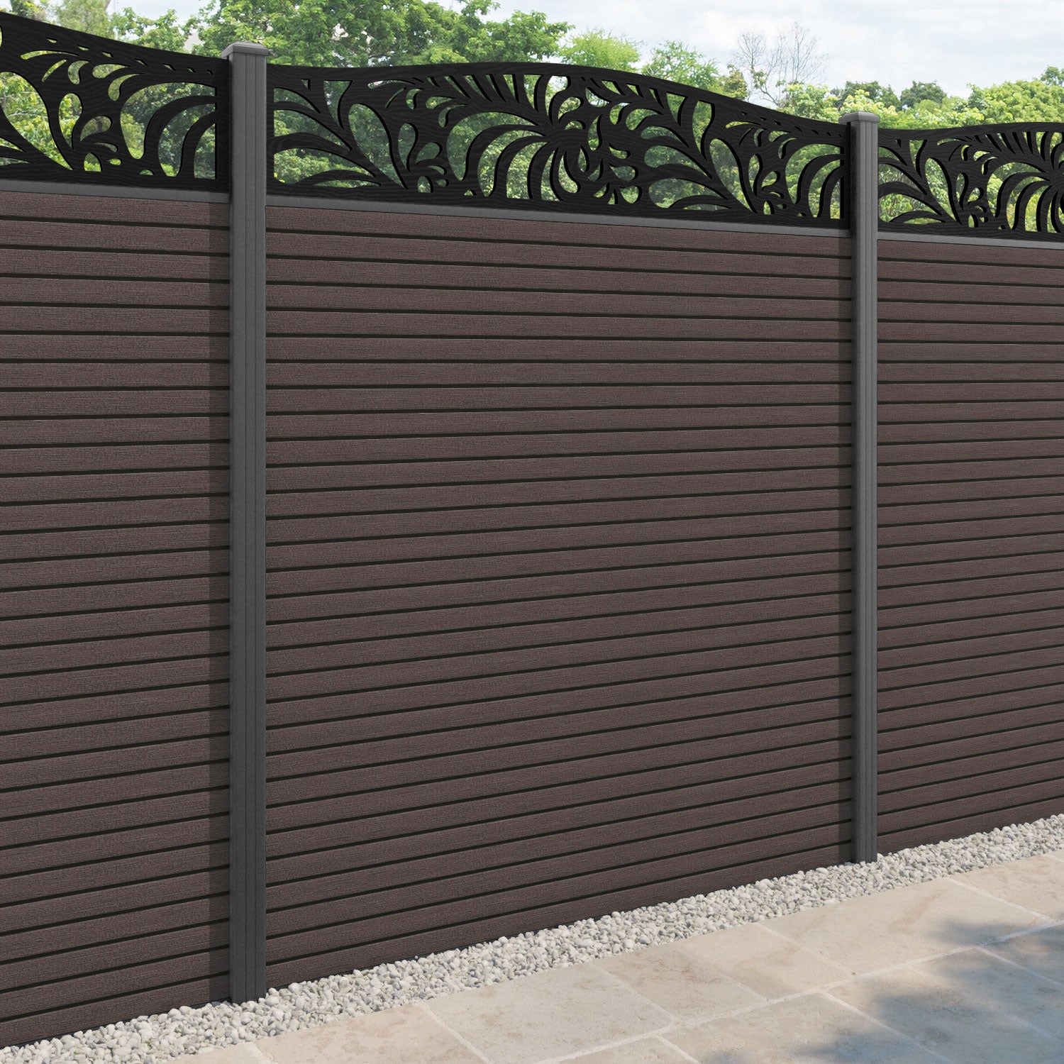 Hudson Petal Curved Top Fence Panel - Mid Brown - with our aluminium posts