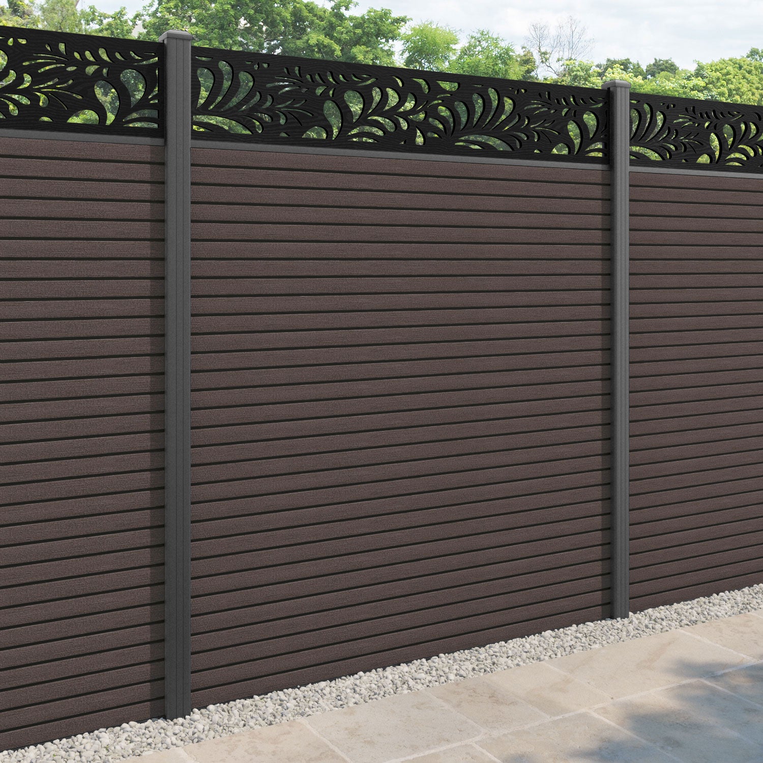 Hudson Petal Fence Panel - Mid Brown - with our aluminium posts