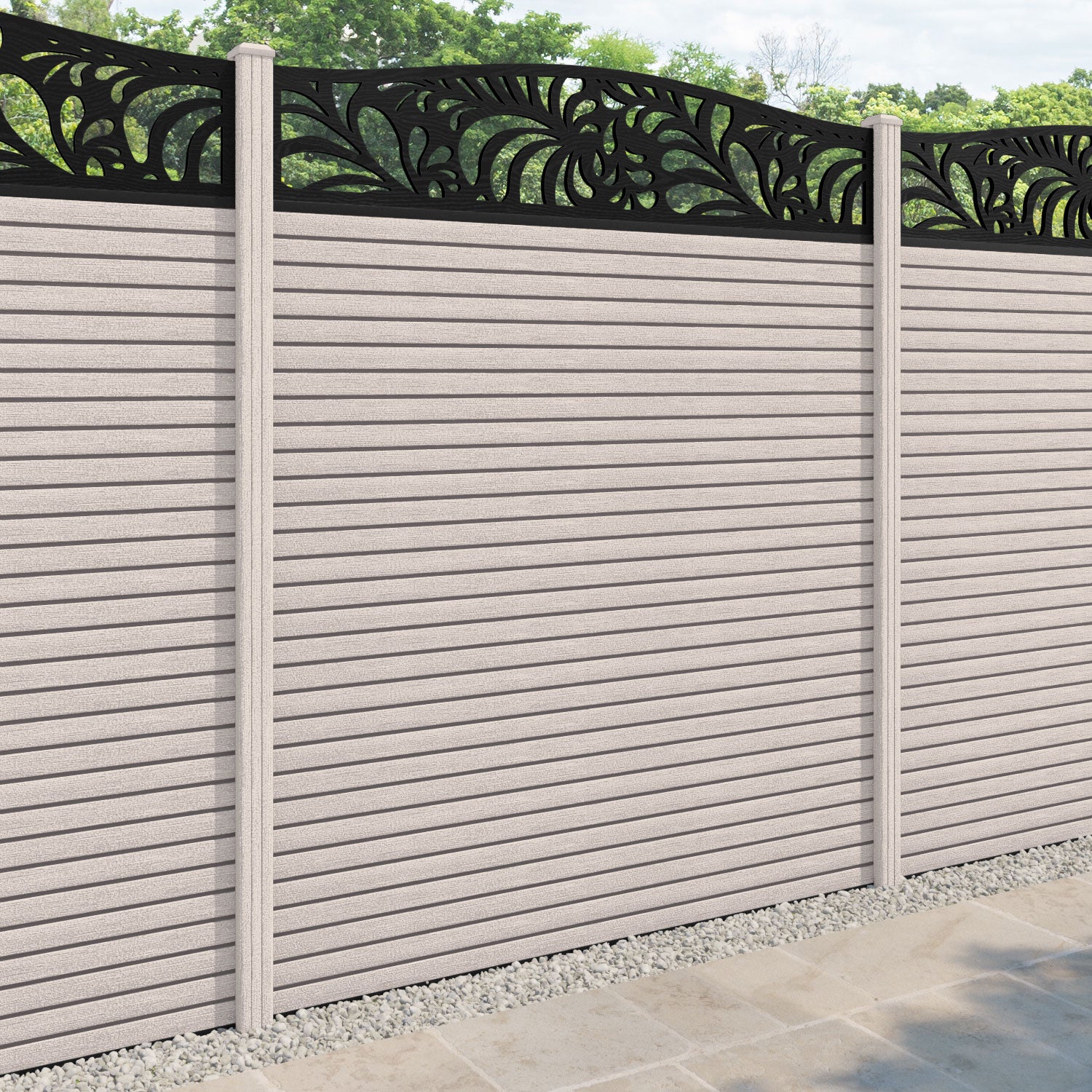 Hudson Petal Curved Top Fence Panel - Mid Stone - with our composite posts