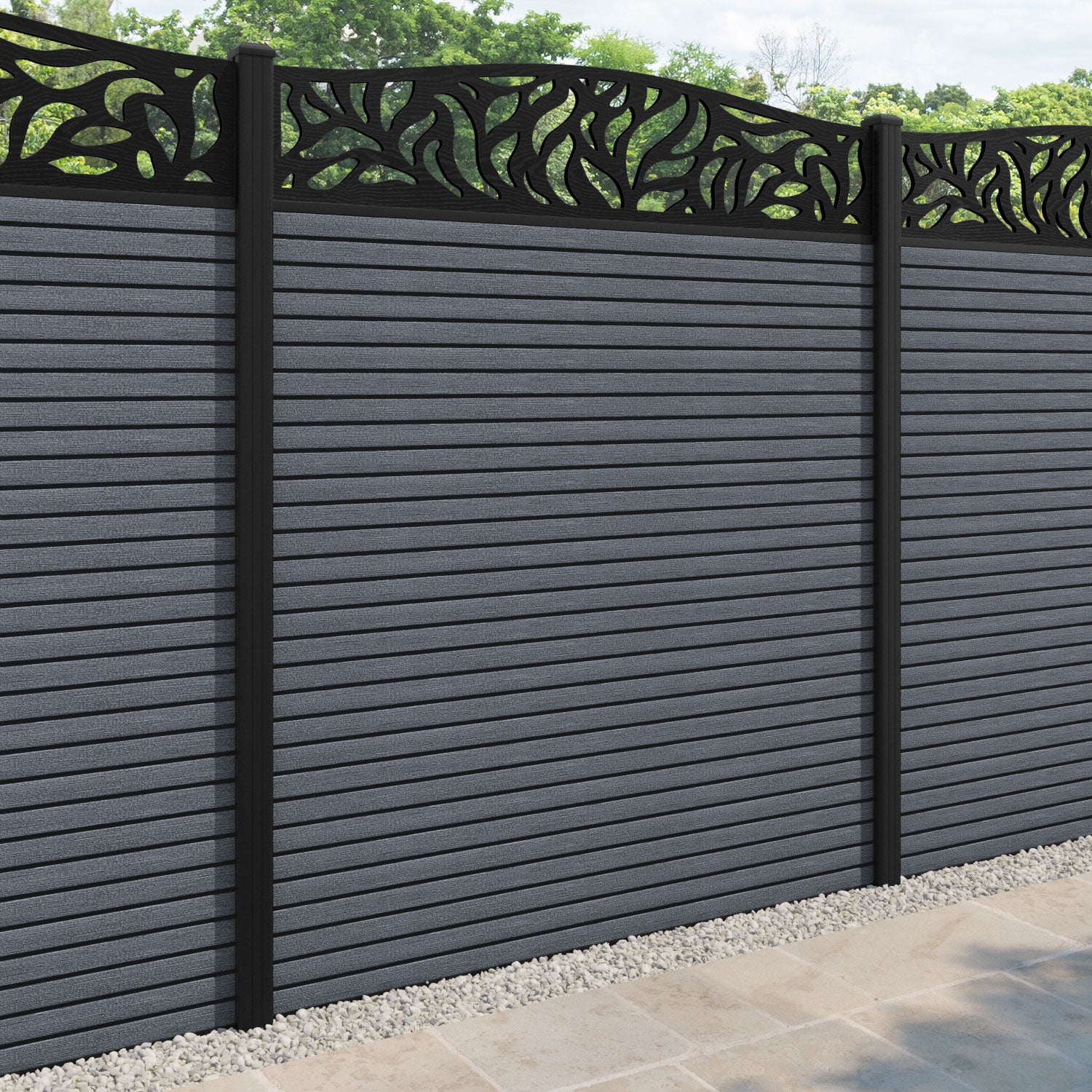 Hudson Plume Curved Top Fence Panel - Anthracite - with our aluminium posts