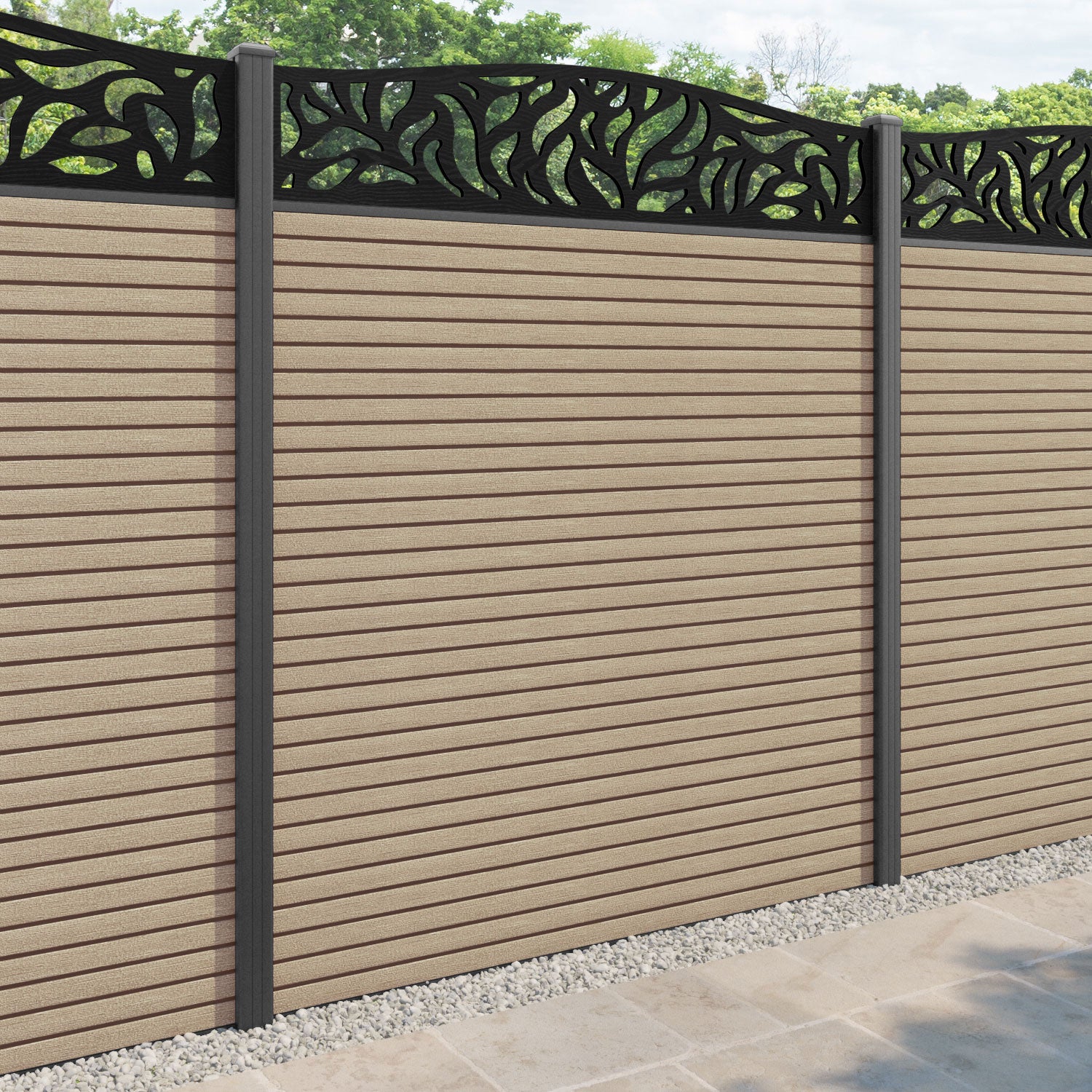 Hudson Plume Curved Top Fence Panel - Light Oak - with our aluminium posts