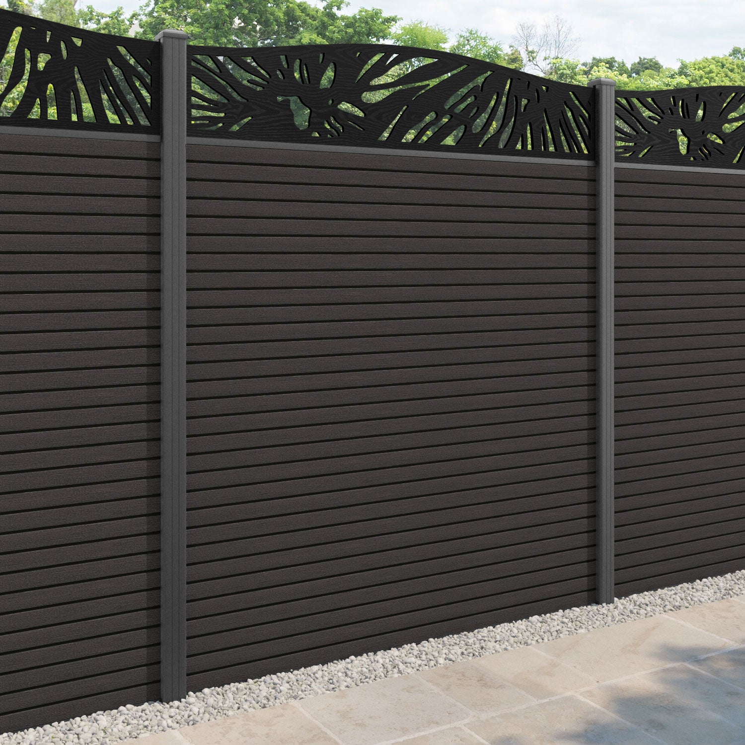 Hudson Poppy Curved Top Fence Panel - Dark Oak - with our aluminium posts