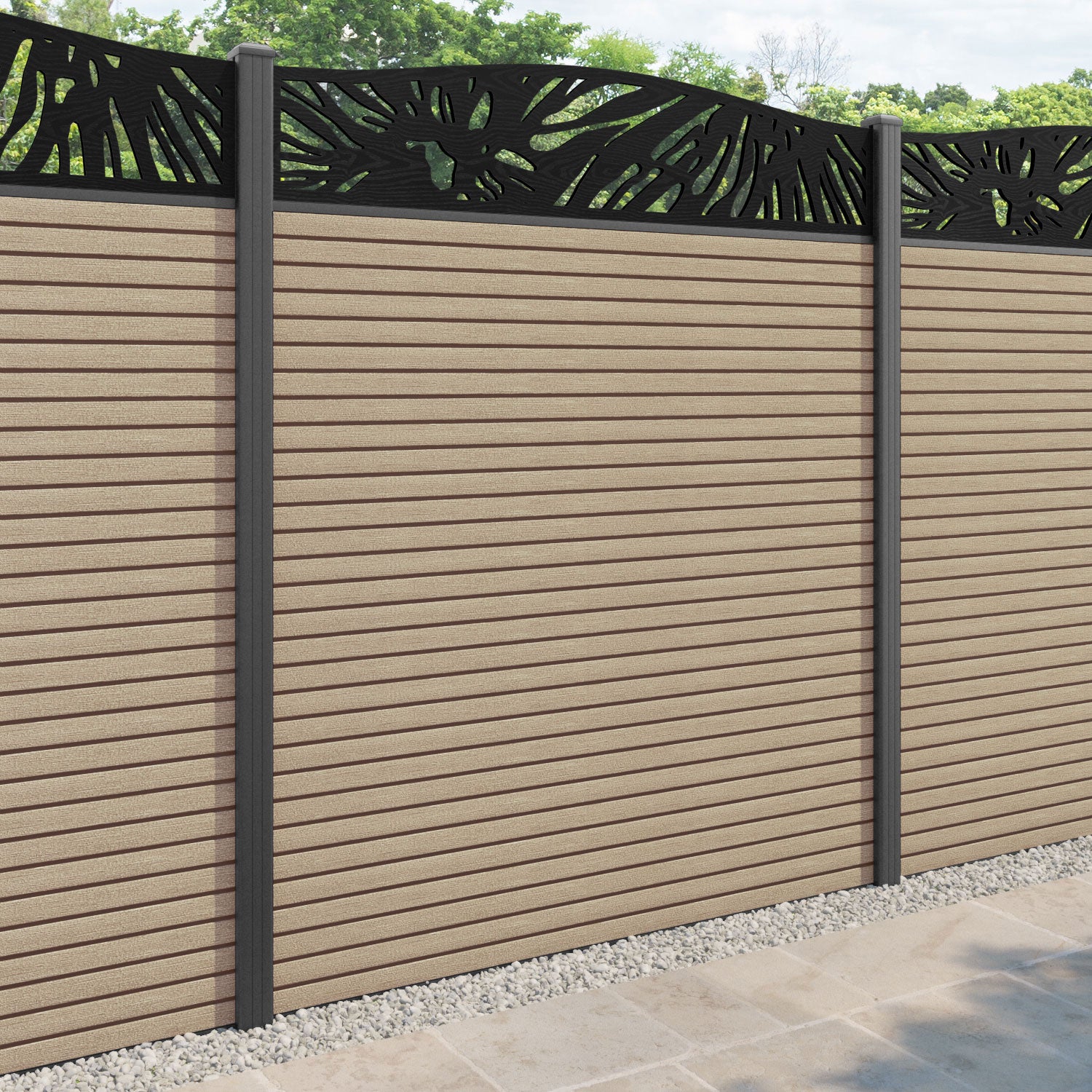 Hudson Poppy Curved Top Fence Panel - Light Oak - with our aluminium posts