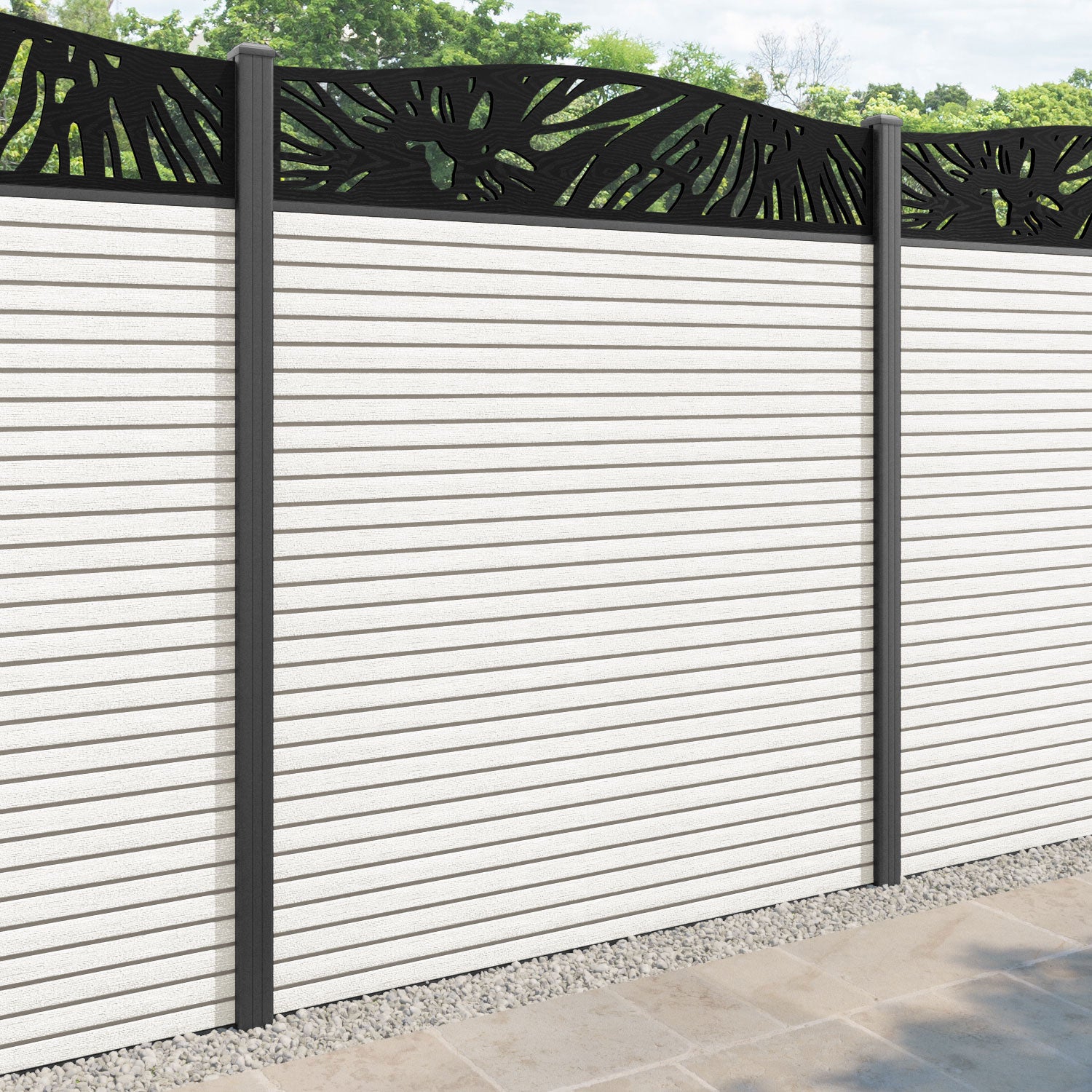 Hudson Poppy Curved Top Fence Panel - Light Stone - with our aluminium posts