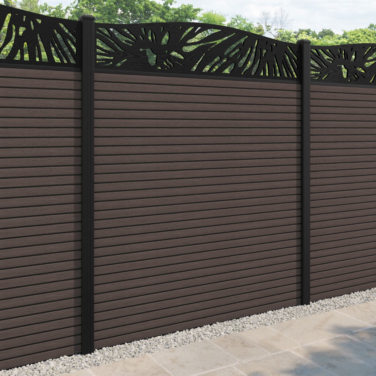 Hudson Poppy Curved Top Fence Panel - Mid Brown - with our aluminium posts