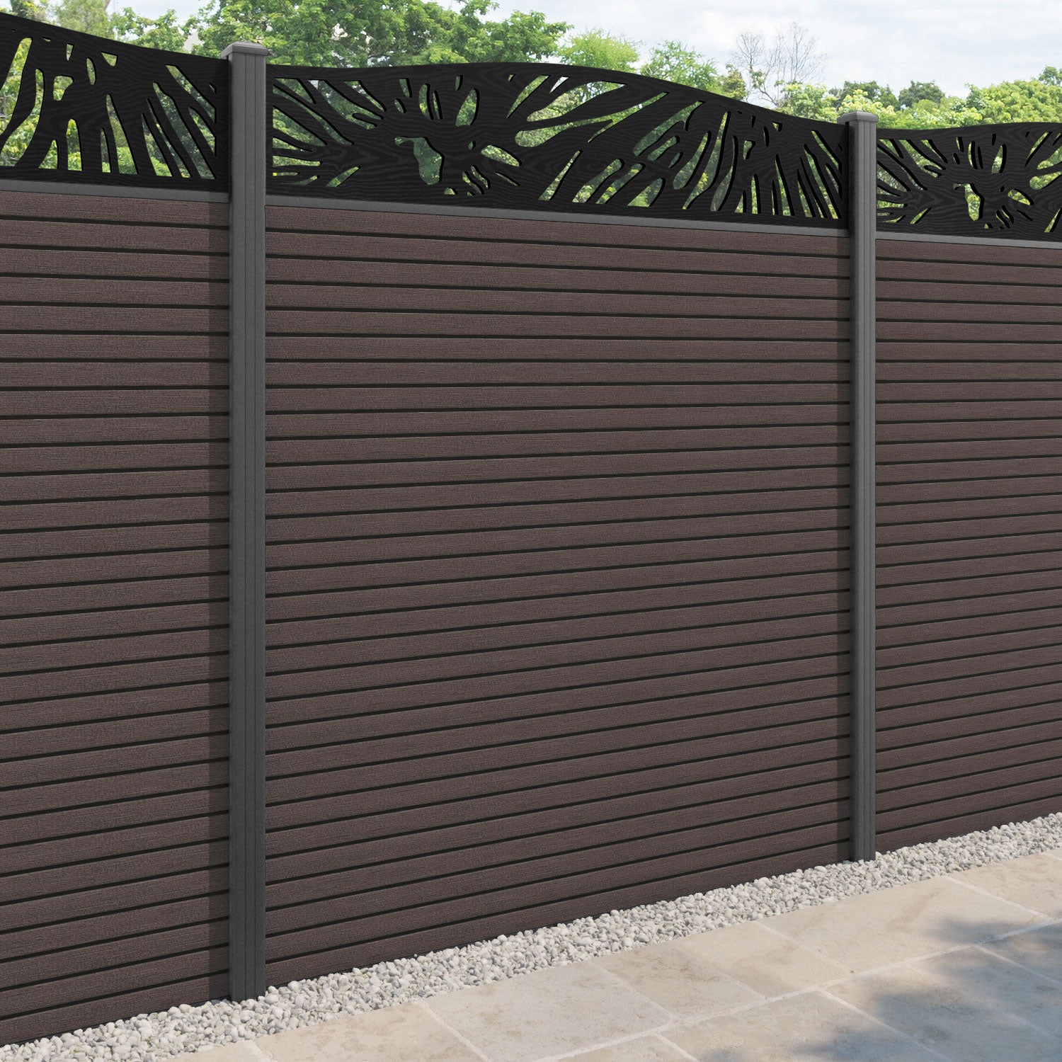 Hudson Poppy Curved Top Fence Panel - Mid Brown - with our aluminium posts