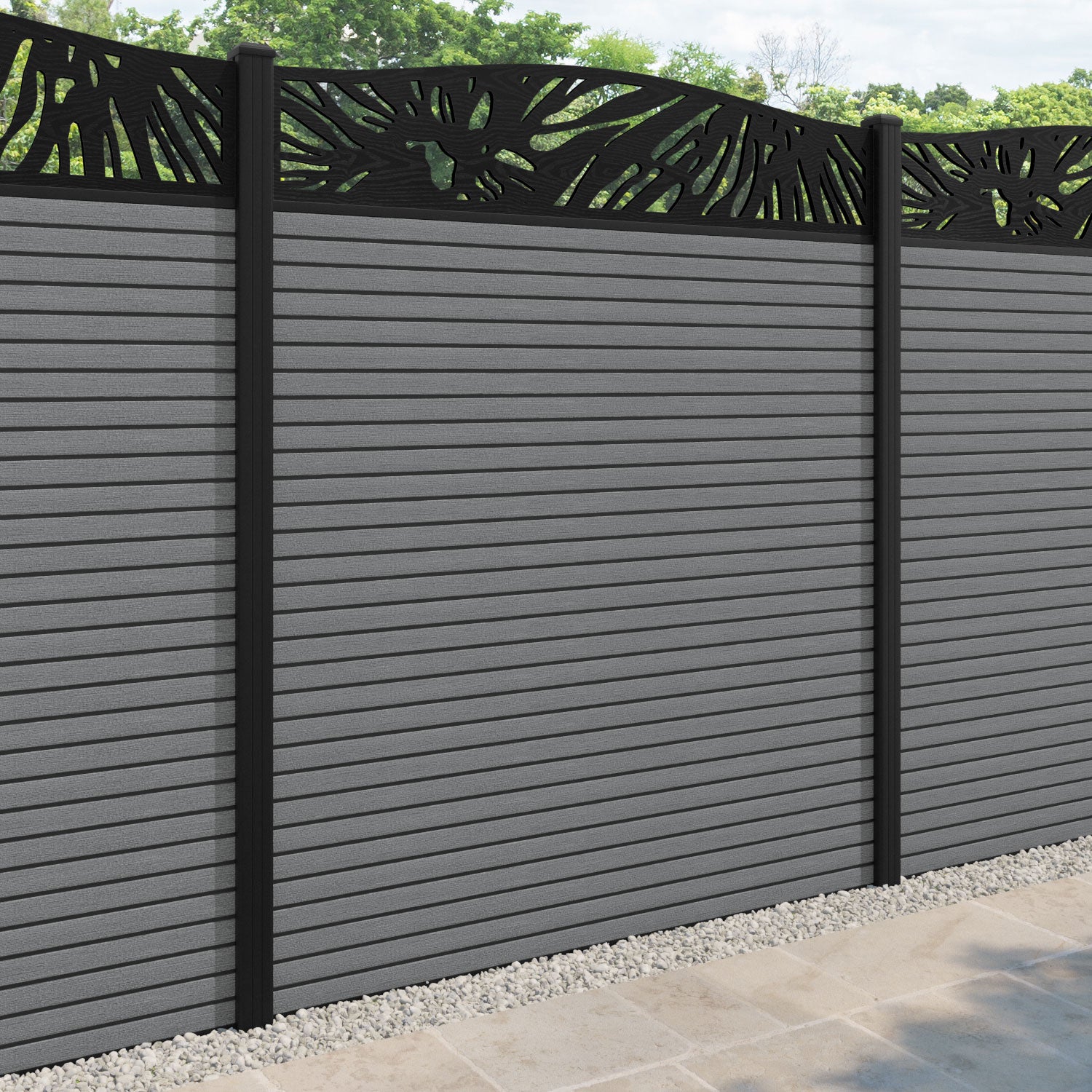 Hudson Poppy Curved Top Fence Panel - Mid Grey - with our aluminium posts