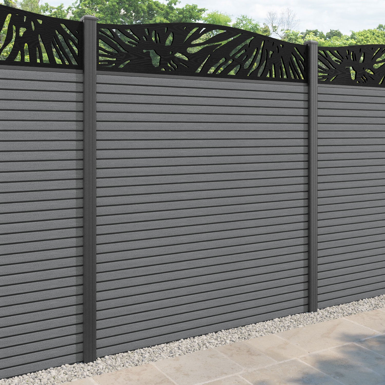 Hudson Poppy Curved Top Fence Panel - Mid Grey - with our aluminium posts