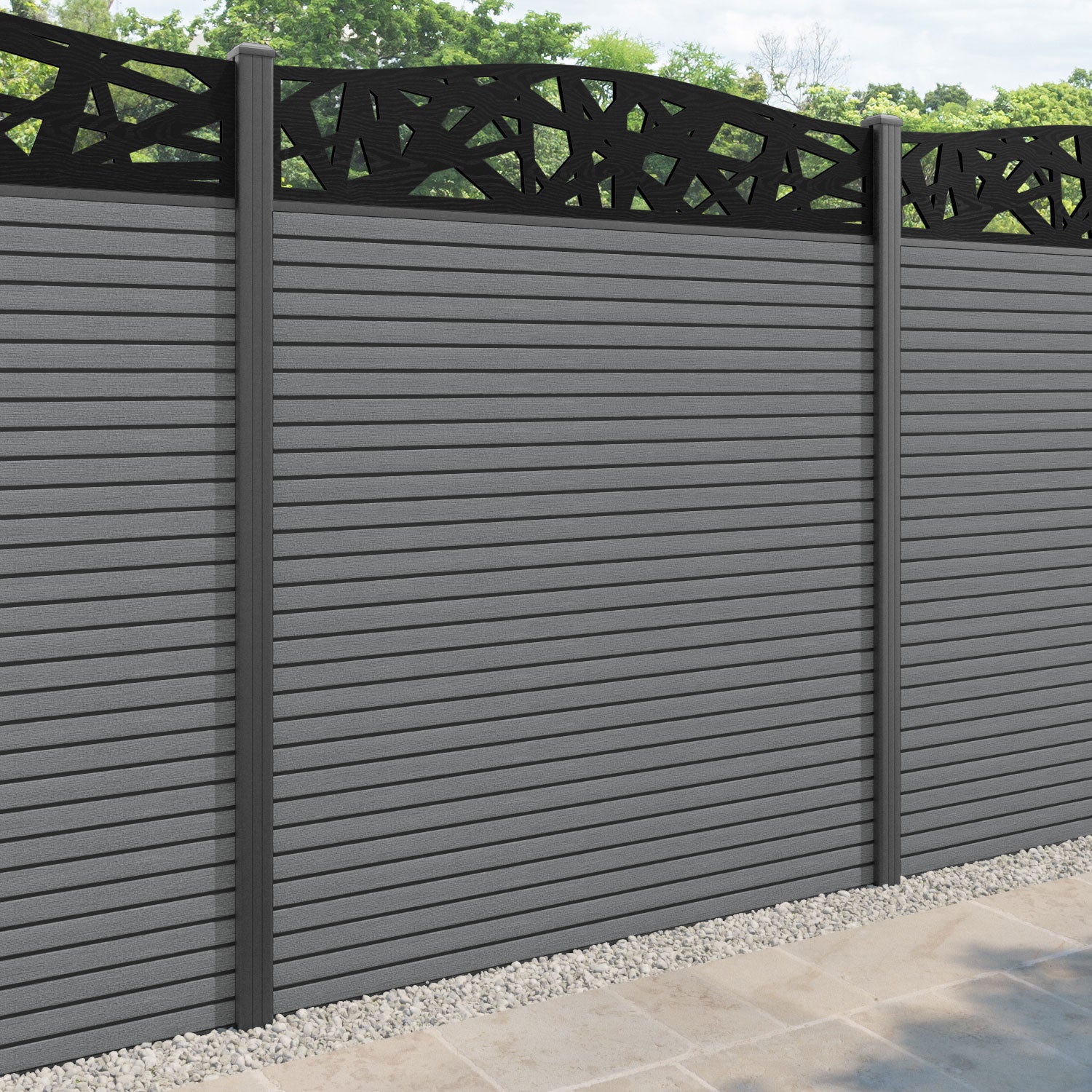 Hudson Prism Curved Top Fence Panel - Mid Grey - with our aluminium posts