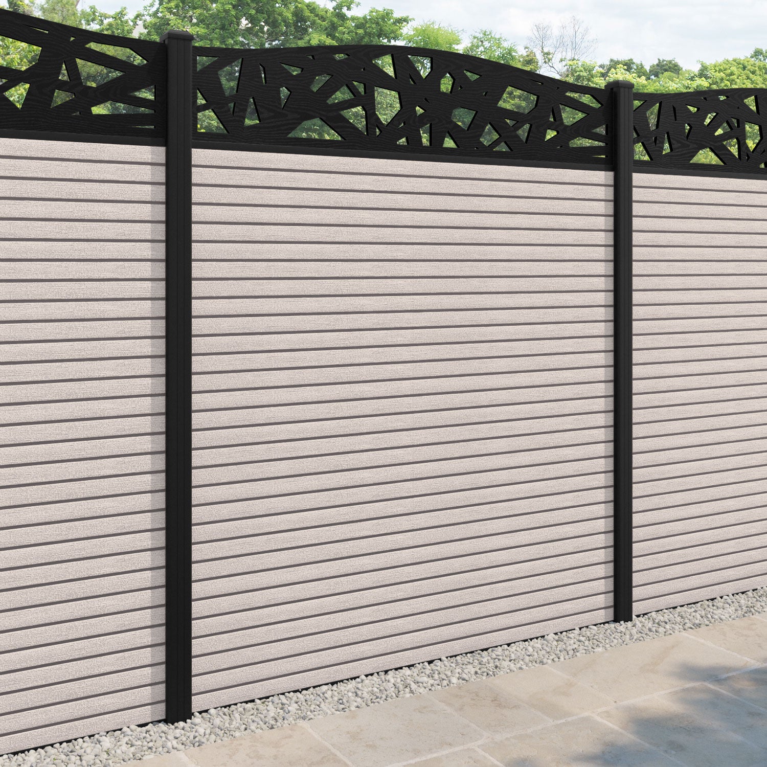 Hudson Prism Curved Top Fence Panel - Mid Stone - with our aluminium posts