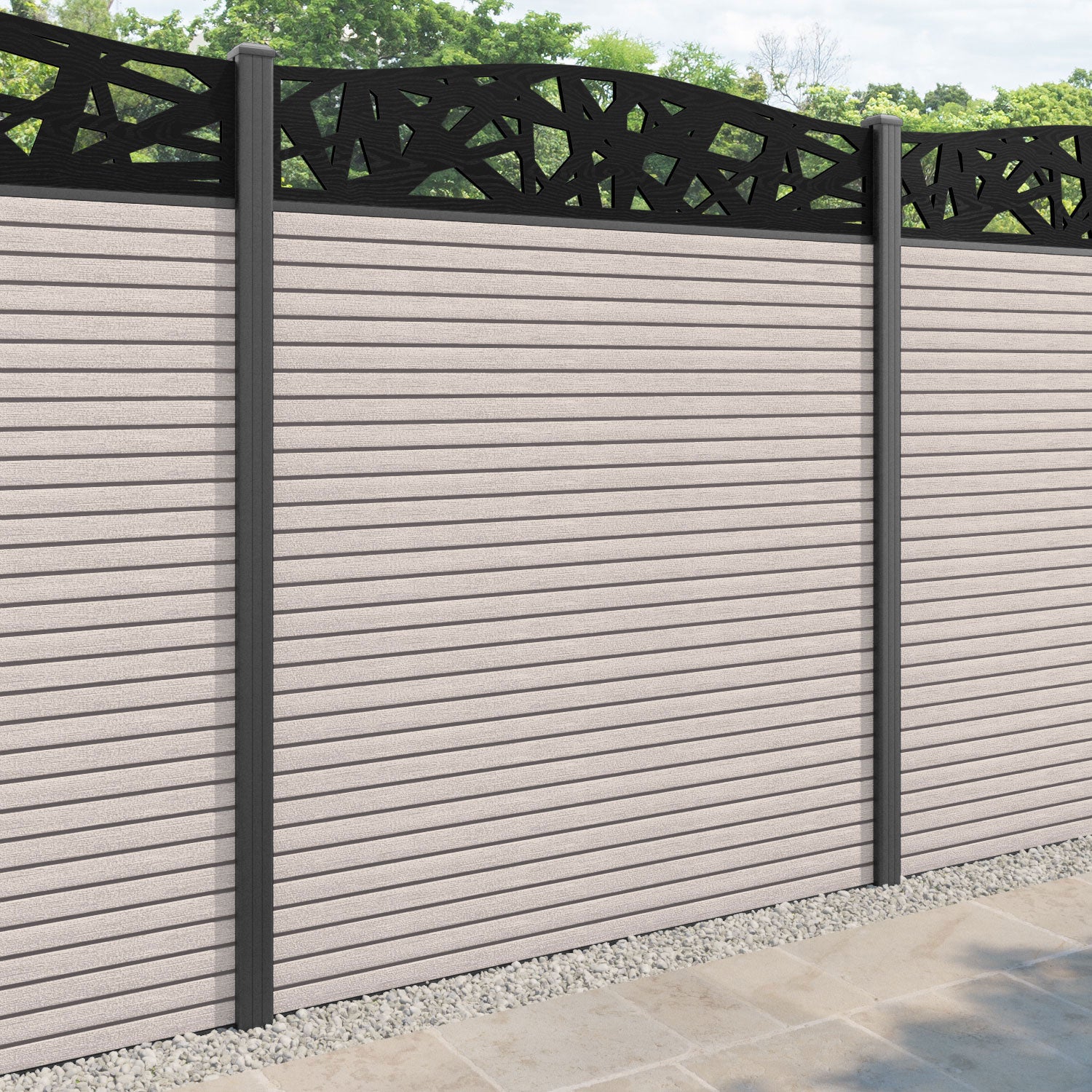Hudson Prism Curved Top Fence Panel - Mid Stone - with our aluminium posts