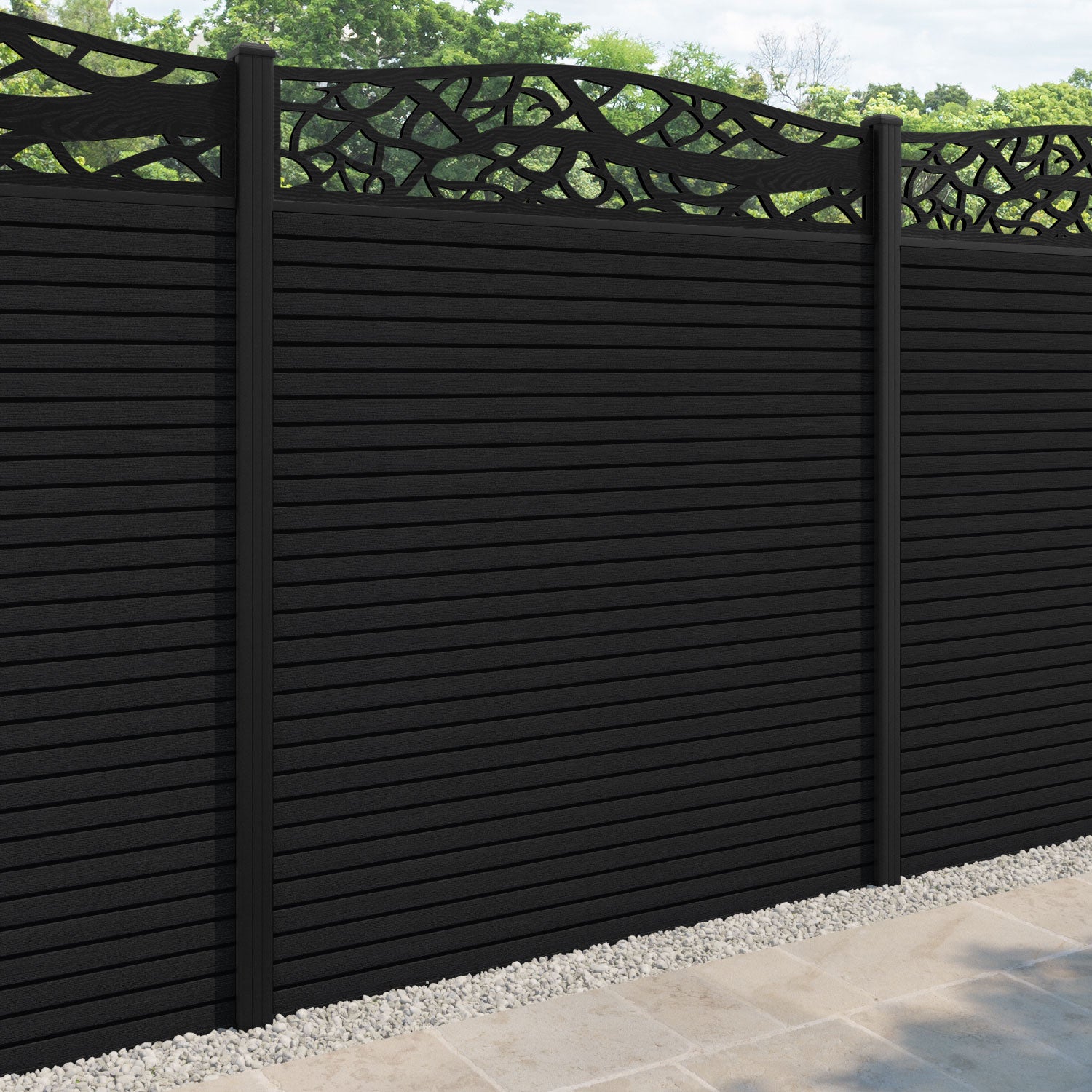Hudson Twilight Curved Top Fence Panel - Black - with our aluminium posts