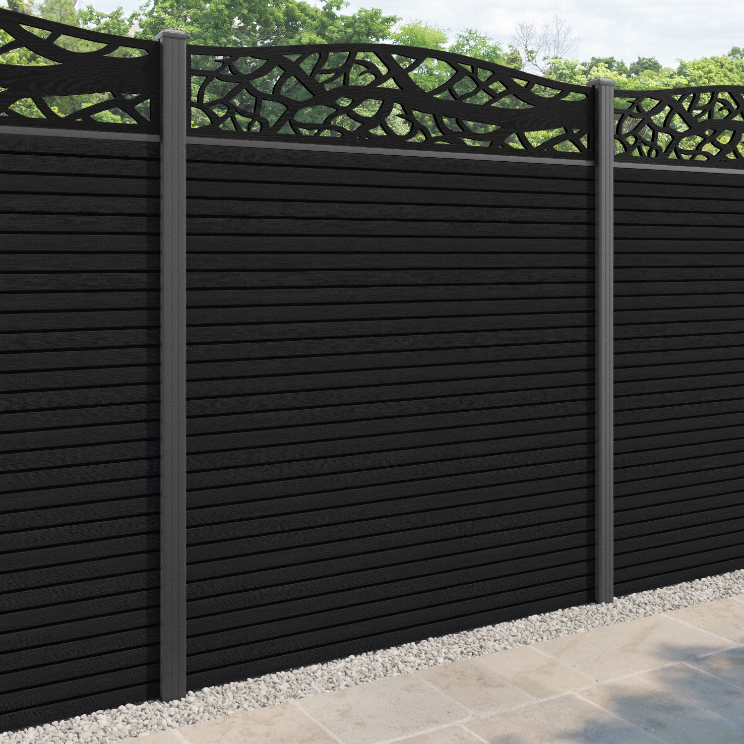 Hudson Twilight Curved Top Fence Panel - Black - with our aluminium posts