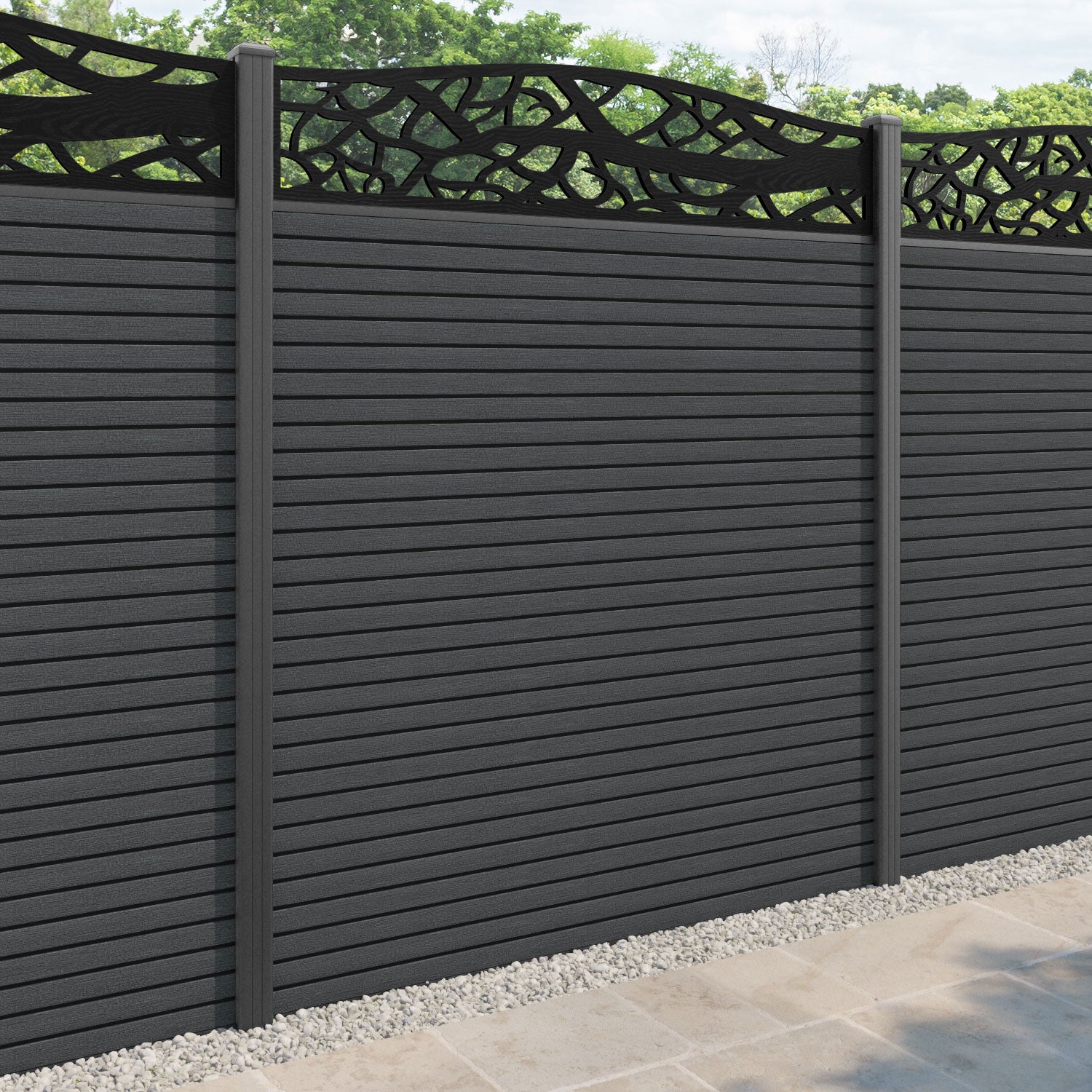 Hudson Twilight Curved Top Fence Panel - Dark Grey - with our aluminium posts