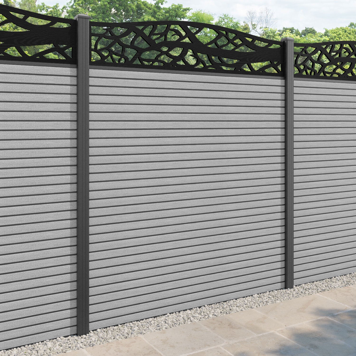 Hudson Twilight Curved Top Fence Panel - Light Grey - with our aluminium posts