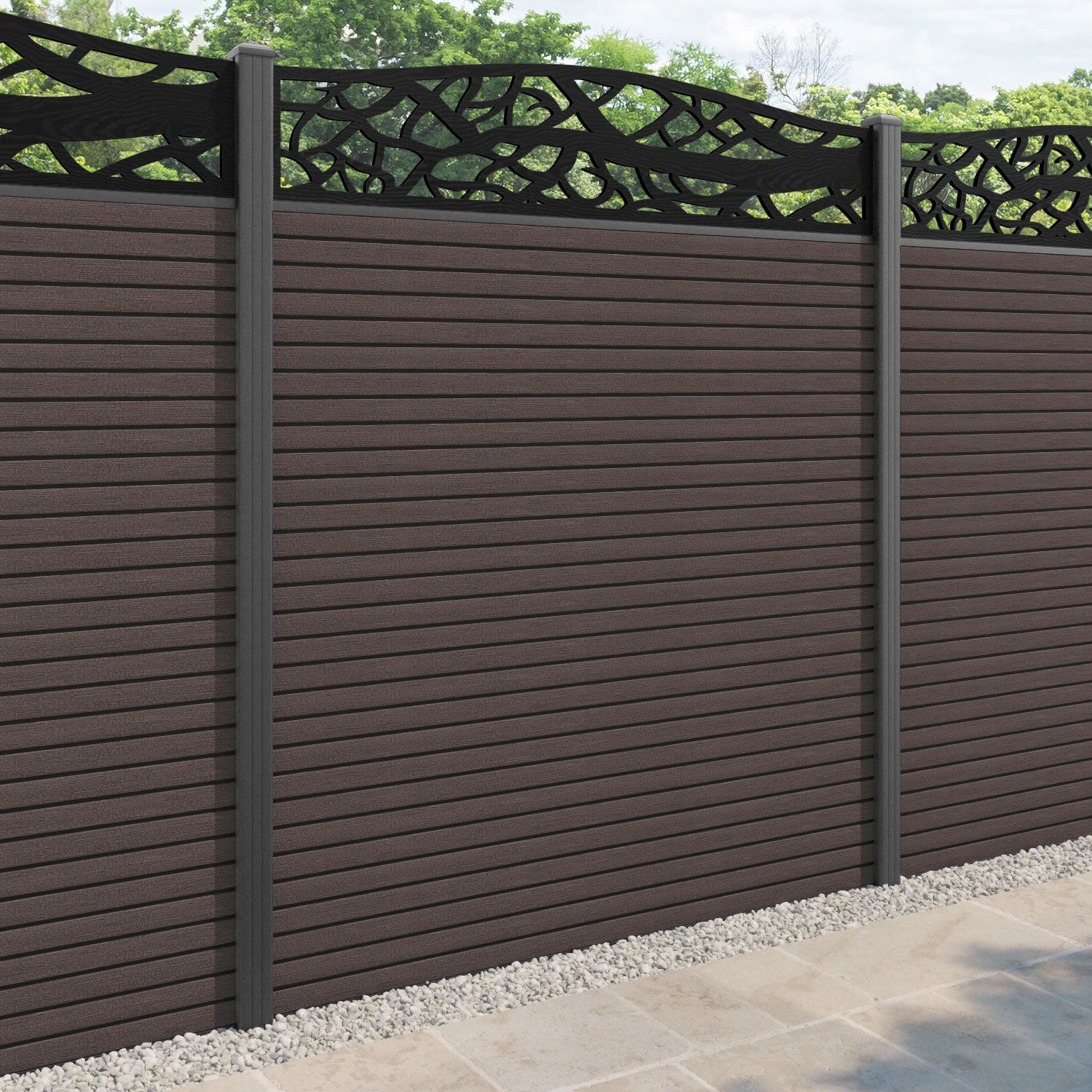 Hudson Twilight Curved Top Fence Panel - Mid Brown - with our aluminium posts