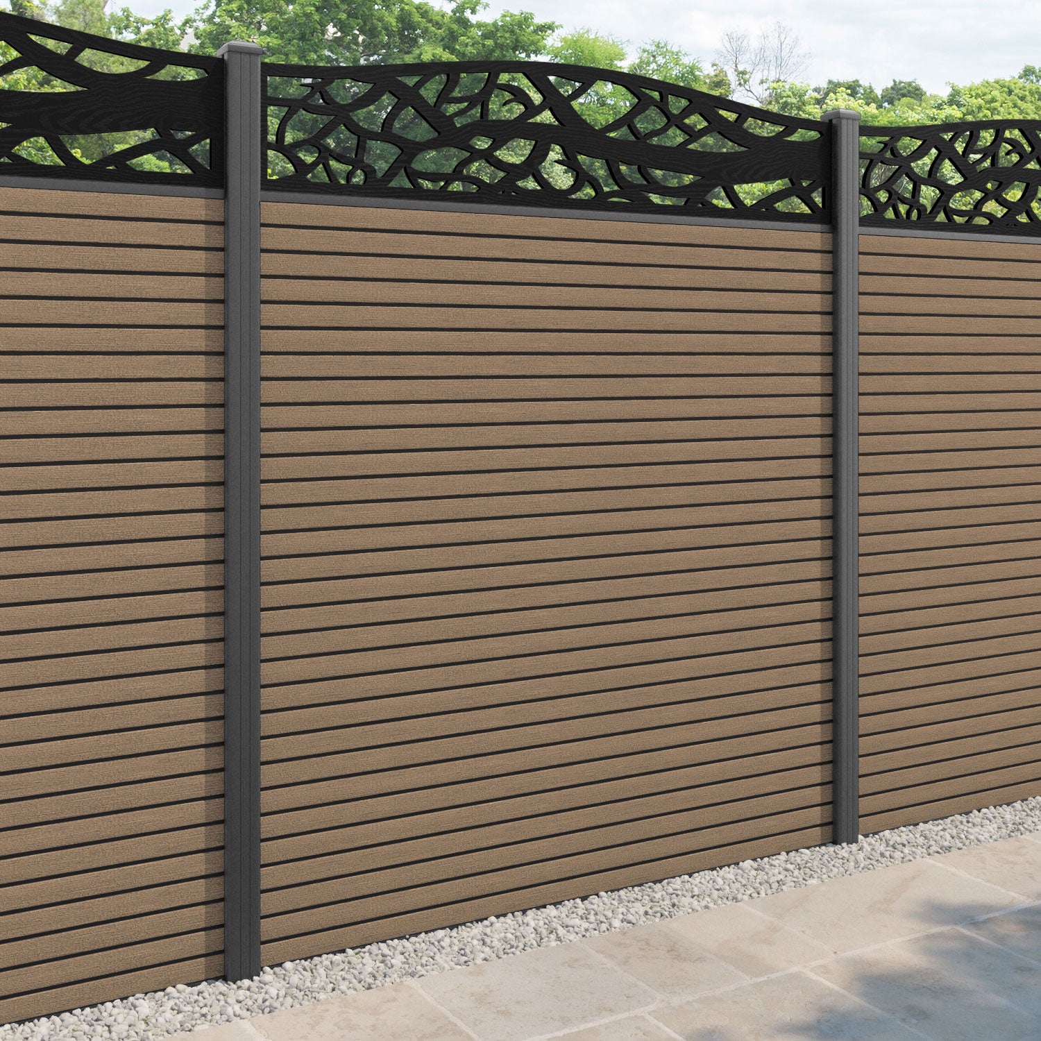 Hudson Twilight Curved Top Fence Panel - Teak - with our aluminium posts