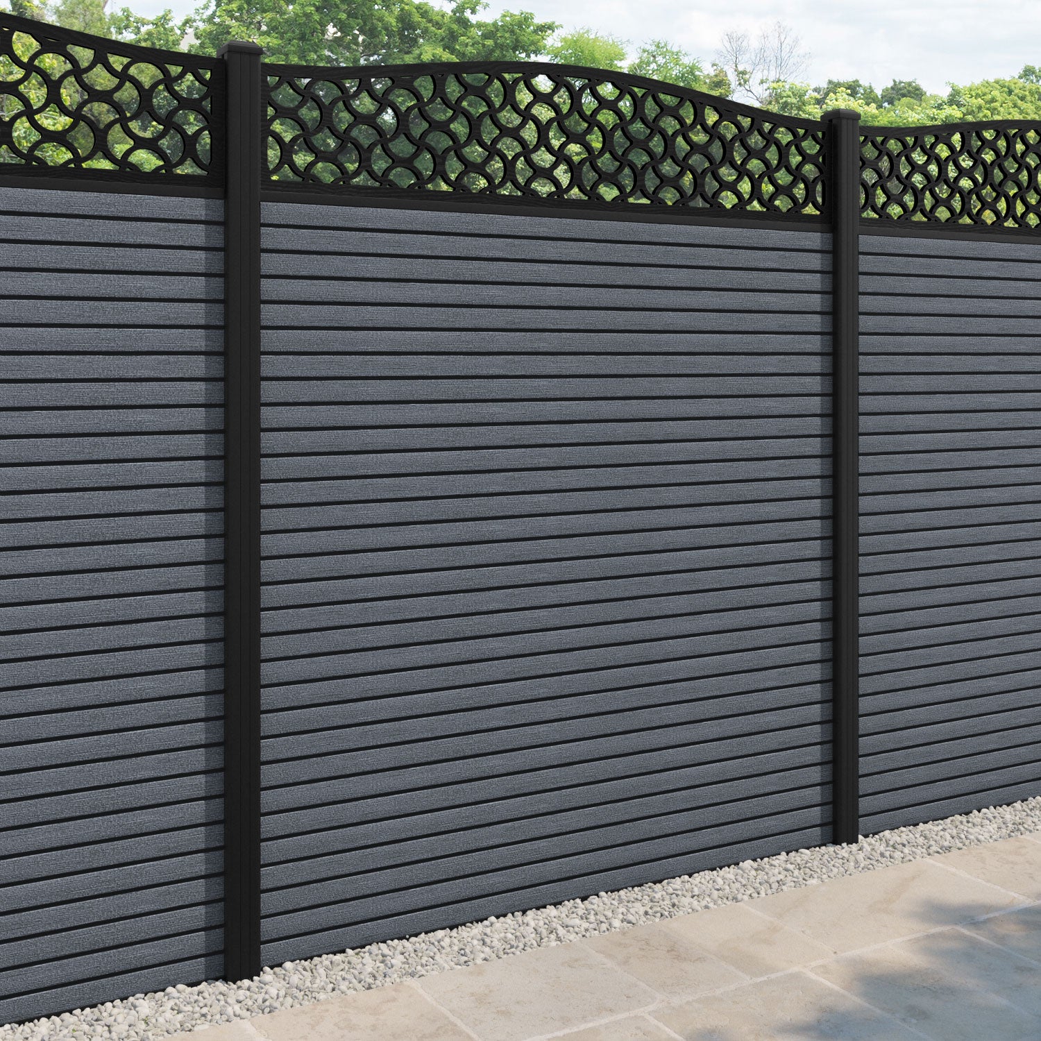 Hudson Vida Curved Top Fence Panel - Anthracite - with our aluminium posts