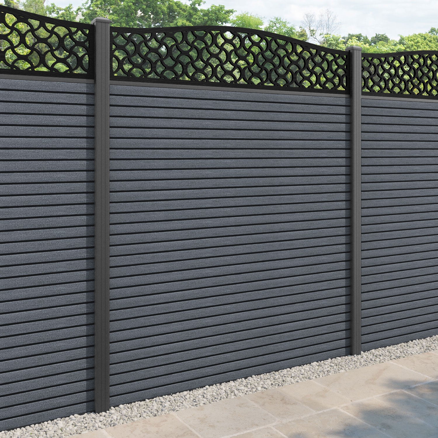 Hudson Vida Curved Top Fence Panel - Anthracite - with our aluminium posts