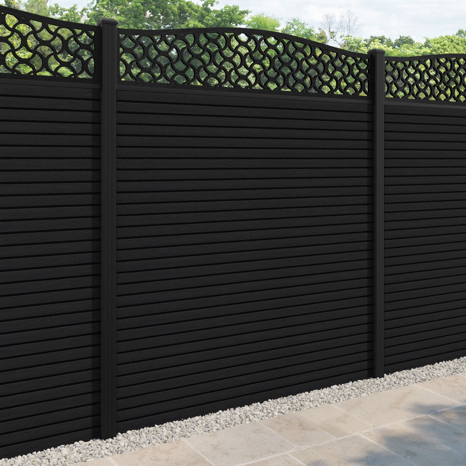 Hudson Vida Curved Top Fence Panel - Black - with our aluminium posts