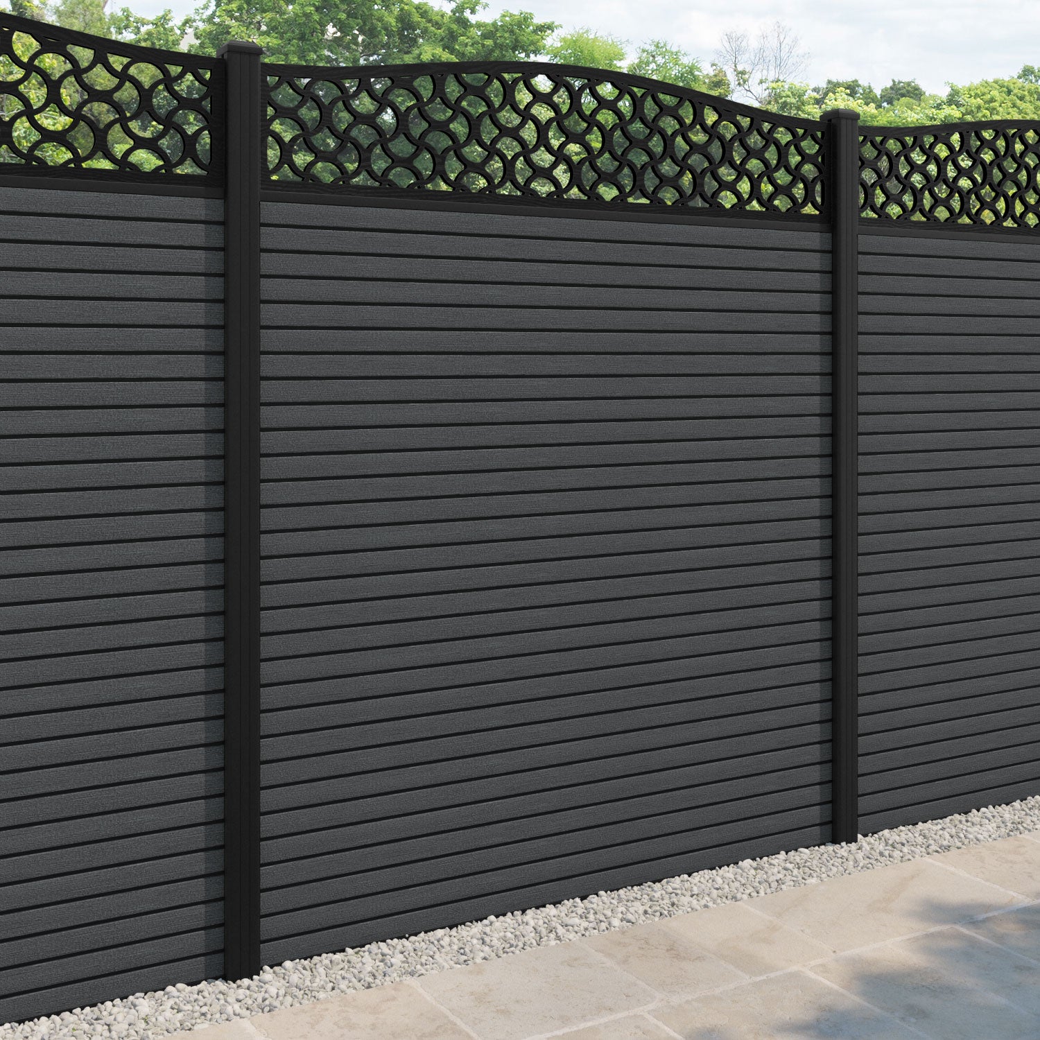 Hudson Vida Curved Top Fence Panel - Dark Grey - with our aluminium posts