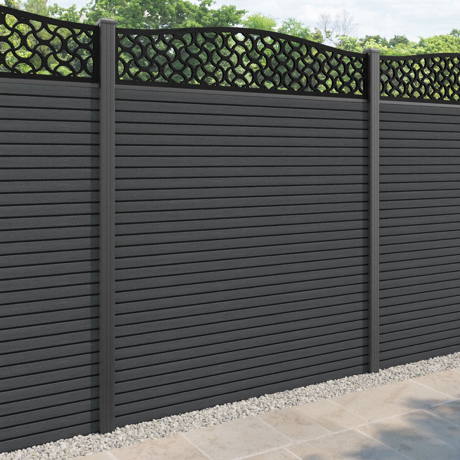 Hudson Vida Curved Top Fence Panel - Dark Grey - with our aluminium posts