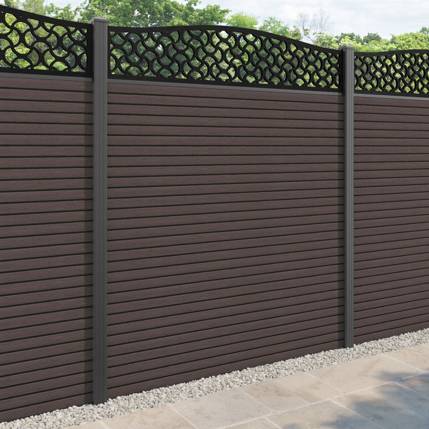 Hudson Vida Curved Top Fence Panel - Mid Brown - with our aluminium posts