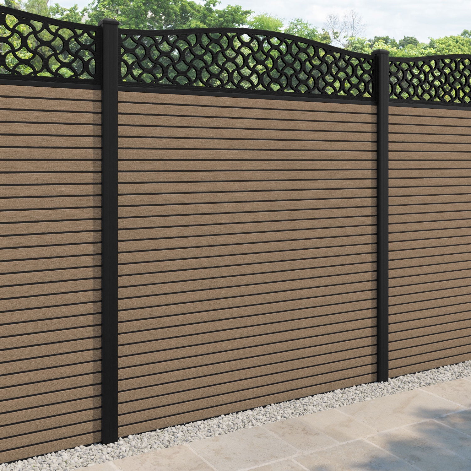 Hudson Vida Curved Top Fence Panel - Teak - with our aluminium posts