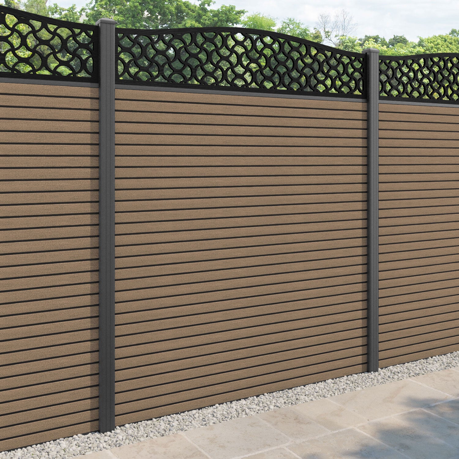 Hudson Vida Curved Top Fence Panel - Teak - with our aluminium posts
