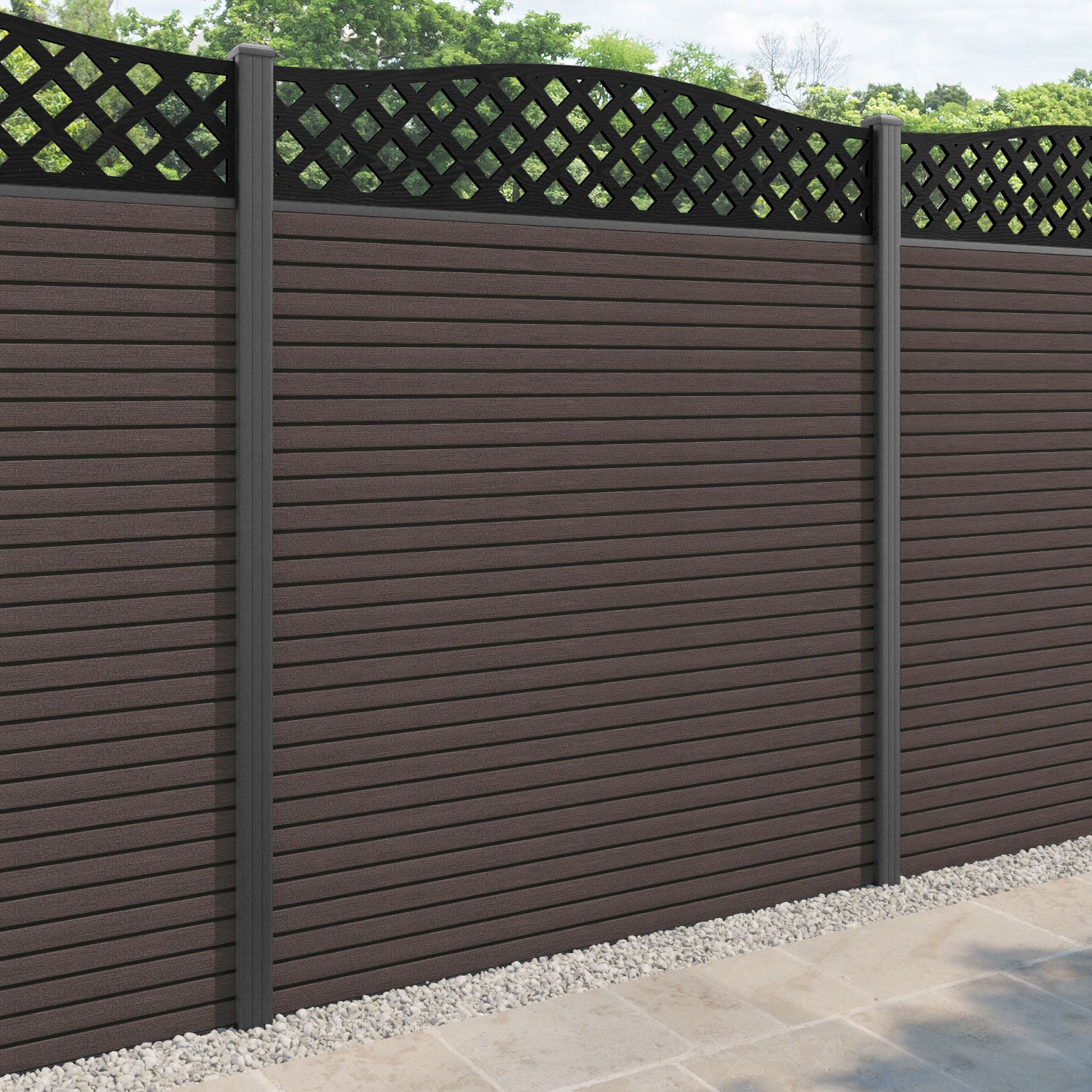 Hudson High Wave Fence Panel - Mid Brown - with our aluminium posts