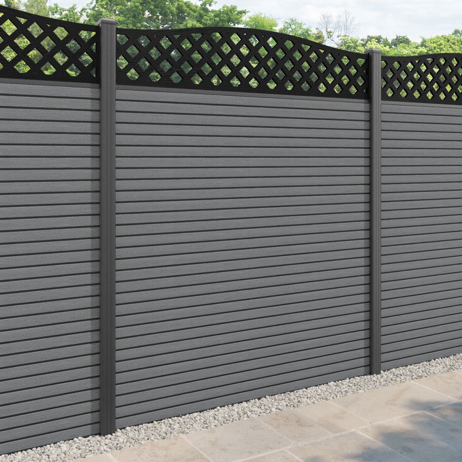 Hudson High Wave Fence Panel - Mid Grey - with our aluminium posts