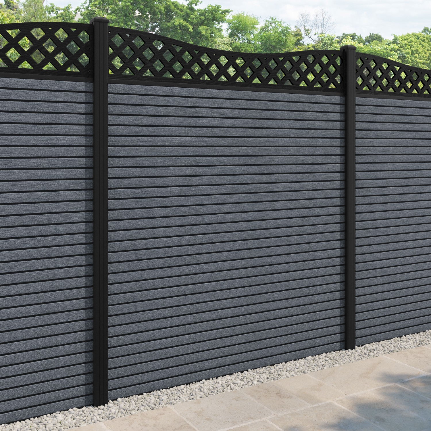 Hudson Low Wave Curved Top Fence Panel - Anthracite - with our aluminium posts