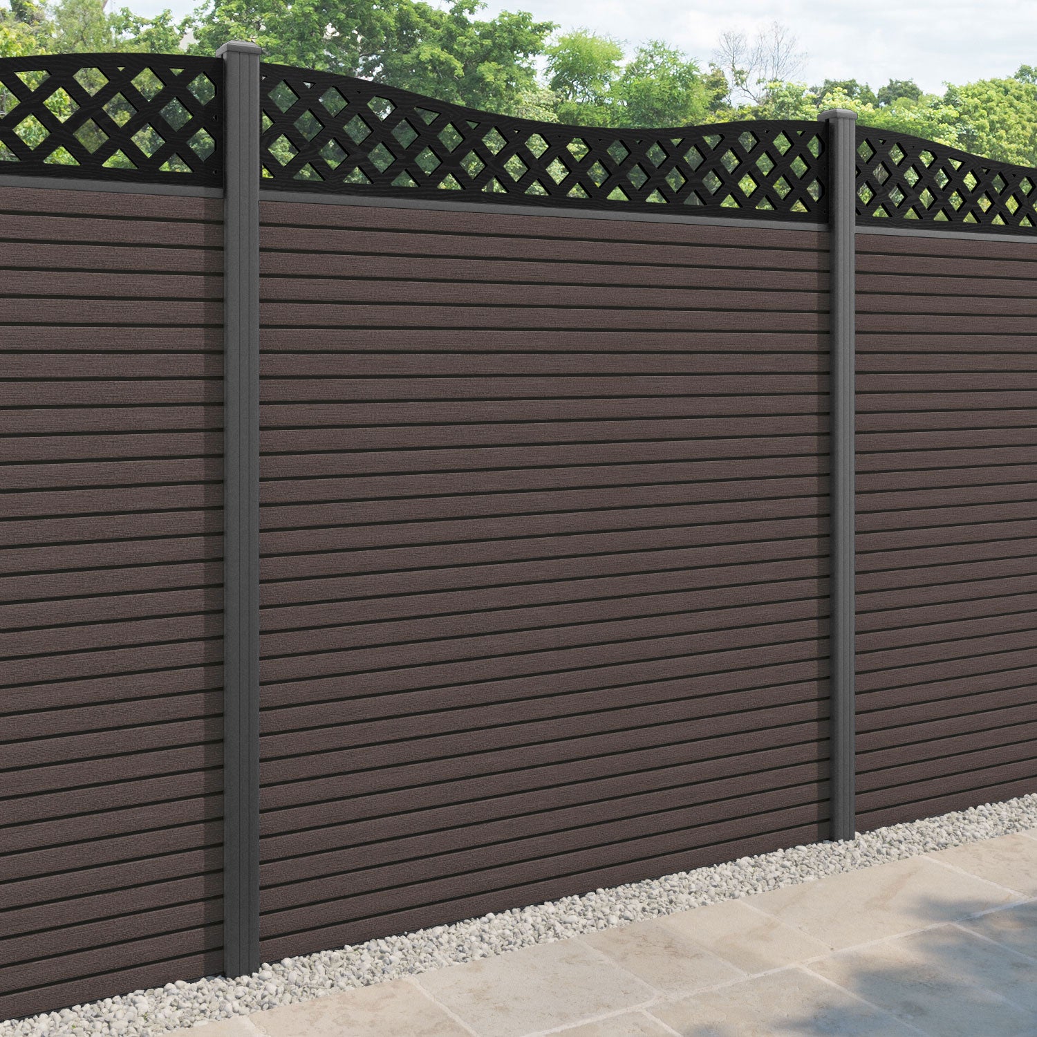 Hudson Low Wave Fence Panel - Mid Brown - with our aluminium posts